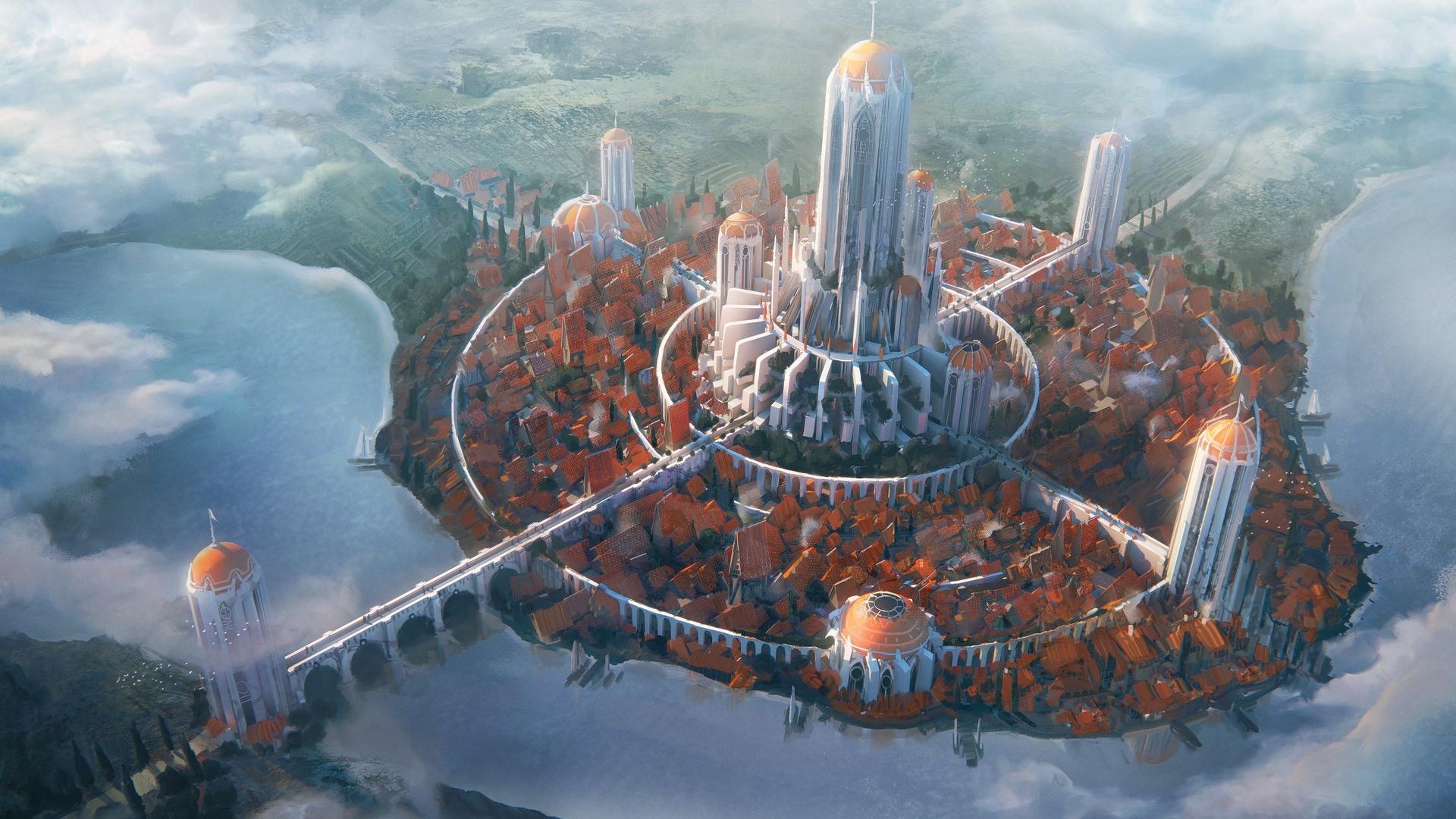 1920x1080 Wallpaper Future, city, tower, bridge, river, clouds, art picture 1920x1080 Full HD 2K Picture, Image