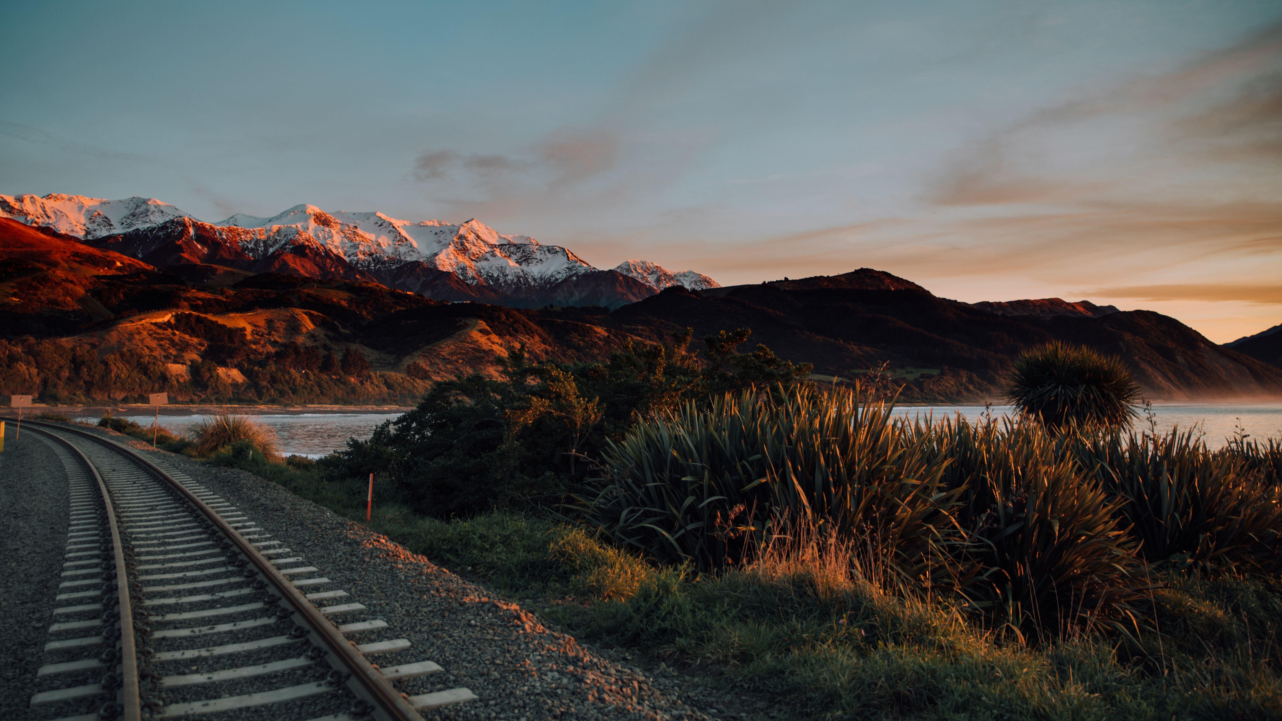 5120x2880 Train Track Ocean Beach Mountain Photography 5k 5k HD 4k Wallpaper, Image, Background, Photo and Picture