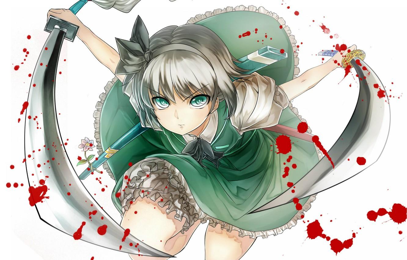 1332x850 Wallpaper attack, katana, blood, Konpaku Youmu, blood spatter, wakizashi, obsessed, touhou project, by Purdre image for desktop, section игры