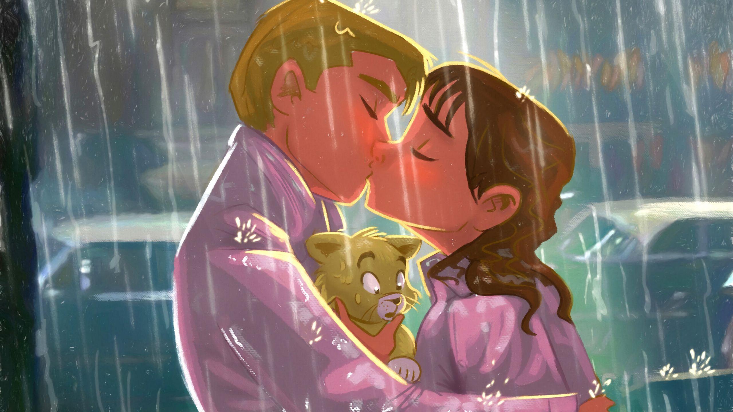2560x1440 Download wallpaper 2560x1440 kiss, couple, art, love, kitten, rain widescreen 16:9 HD background