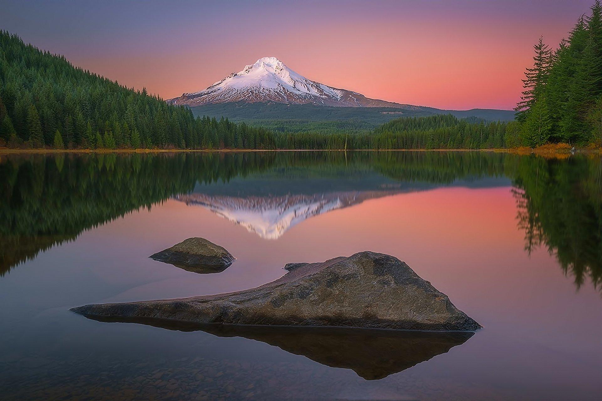 1920x1280 landscape, Nature, Mountains, Lake, Forest, Reflection, Sunset, Mount, Hood, Oregon, Usa, Volcano Wallpaper HD / Desktop and Mobile Background