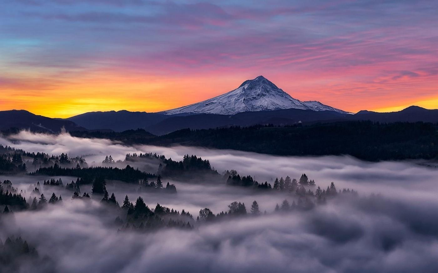 1400x875 nature, Landscape, Photography, Mountains, Forest, Morning, Sunlight, Mist, Snowy Peak, Sky, Oregon Wallpaper HD / Desktop and Mobile Background