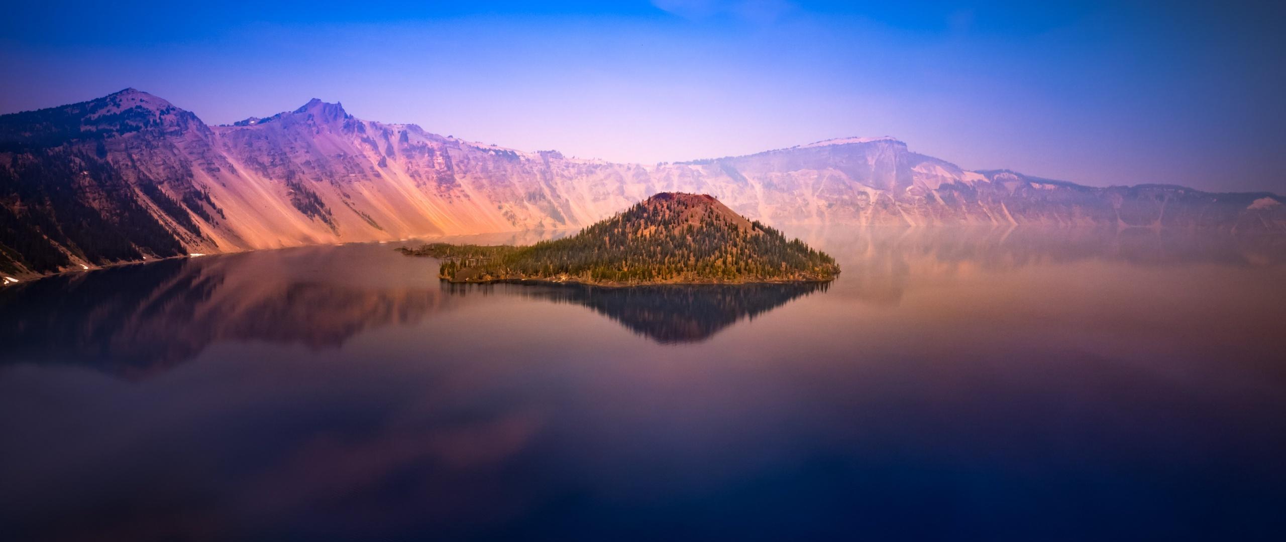 2560x1080 Crater Lake Wallpaper 4K, Oregon, United States, Island, Body of Water, Nature