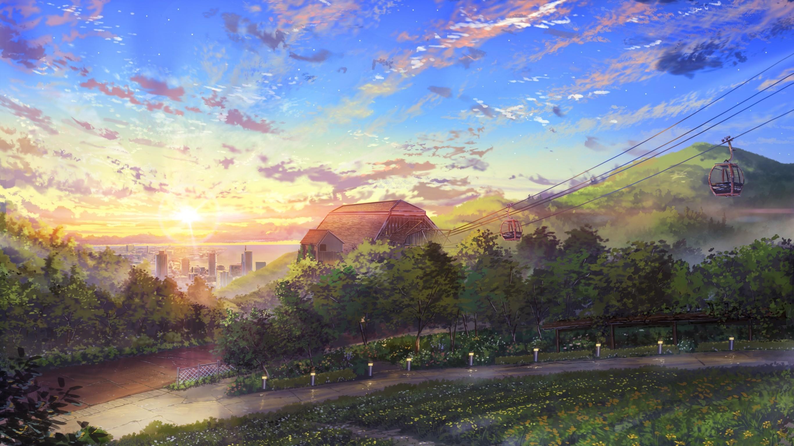 2732x1536 Download 2732x1536 Anime Landscape, Pretty, Clouds, Sunset, Scenic, Path, Park, Trees Wallpaper