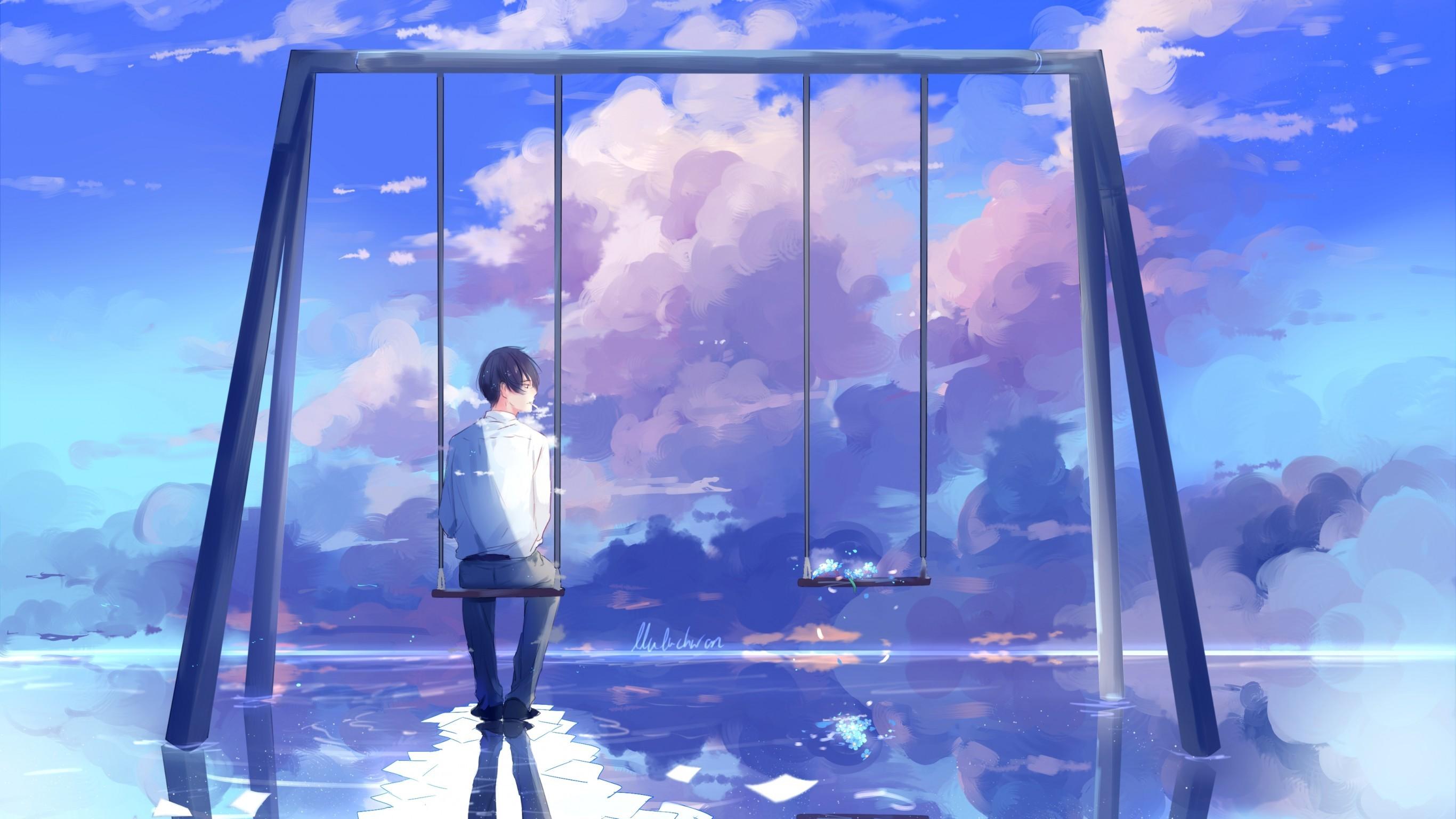 2732x1536 Download 2732x1536 Anime Boy, Scenic, Swing, Clouds, Back View, Reflection Wallpaper