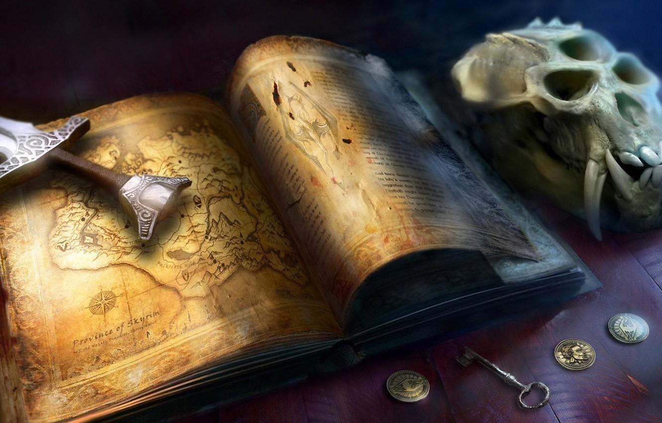 1332x850 Wallpaper skull, map, money, sword, key, fangs, book, coins, the elder scrolls, skyrim image for desktop, section игры