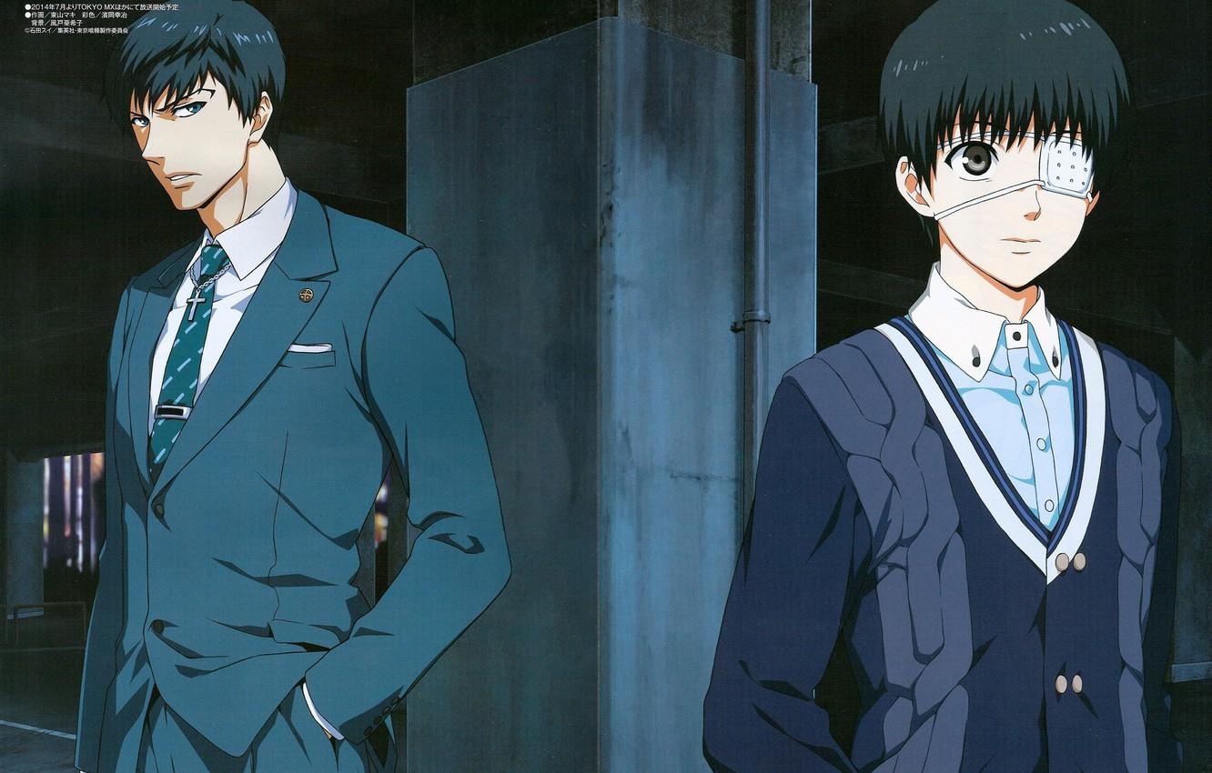 1332x850 Wallpaper costume, tie, eye patch, two guys, white shirt, Tokyo Ghoul, Ken Kanek, Tokyo Monster, Sui Ishida, Amon Koutarou image for desktop, section сёнэн
