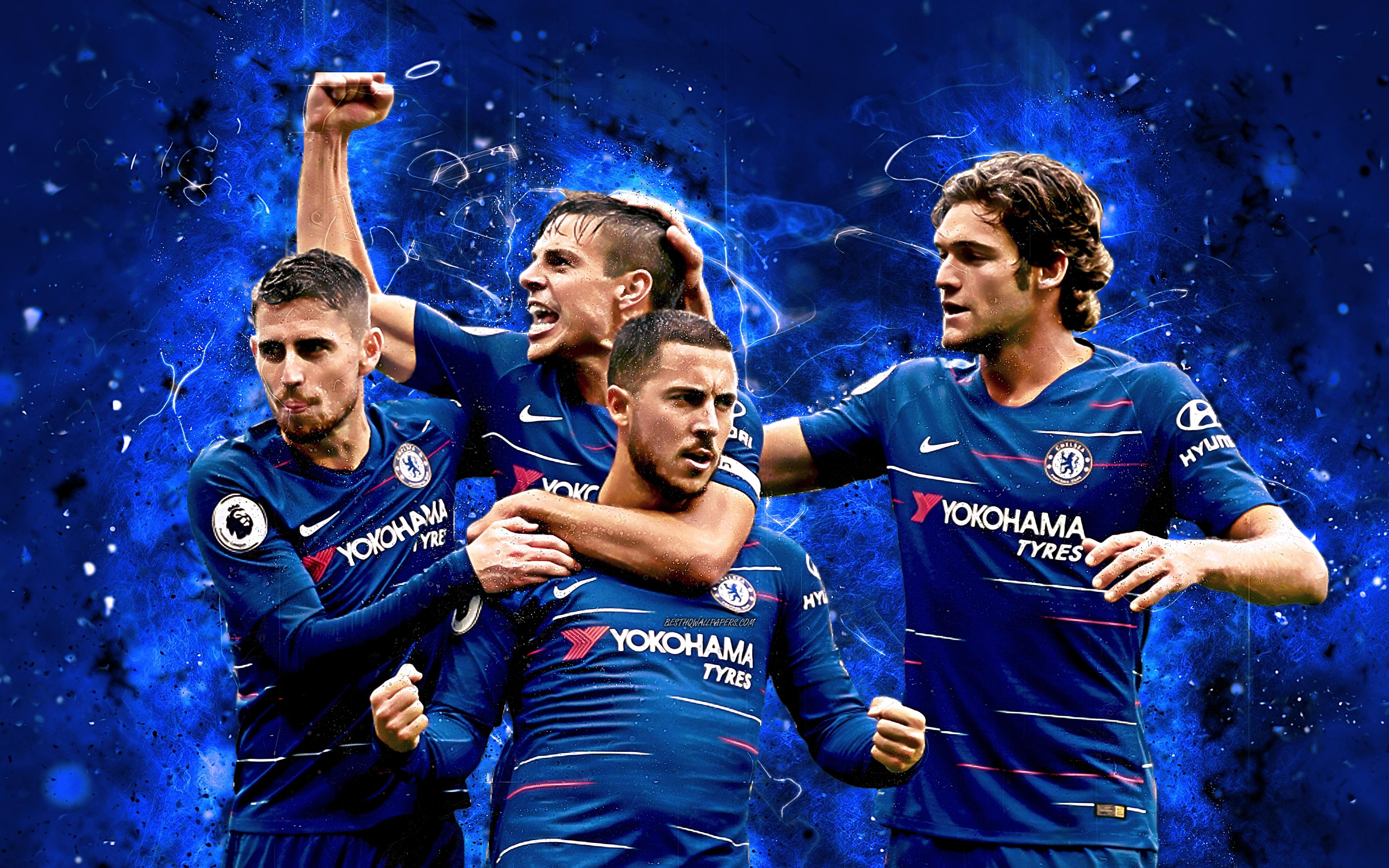 3840x2400 Download wallpaper Eden Hazard, Marcos Alonso, Jorginho, team, 4k, abstract art, football, Chelsea, soccer, Hazard, Alonso, Premier League, footballers, neon lights, Chelsea FC for desktop with resolution 3840x2400. High Quality HD picture
