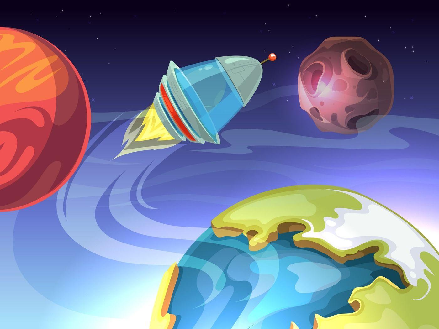 1400x1050 Space vector cartoon comic background with spaceship and planets By Microvector