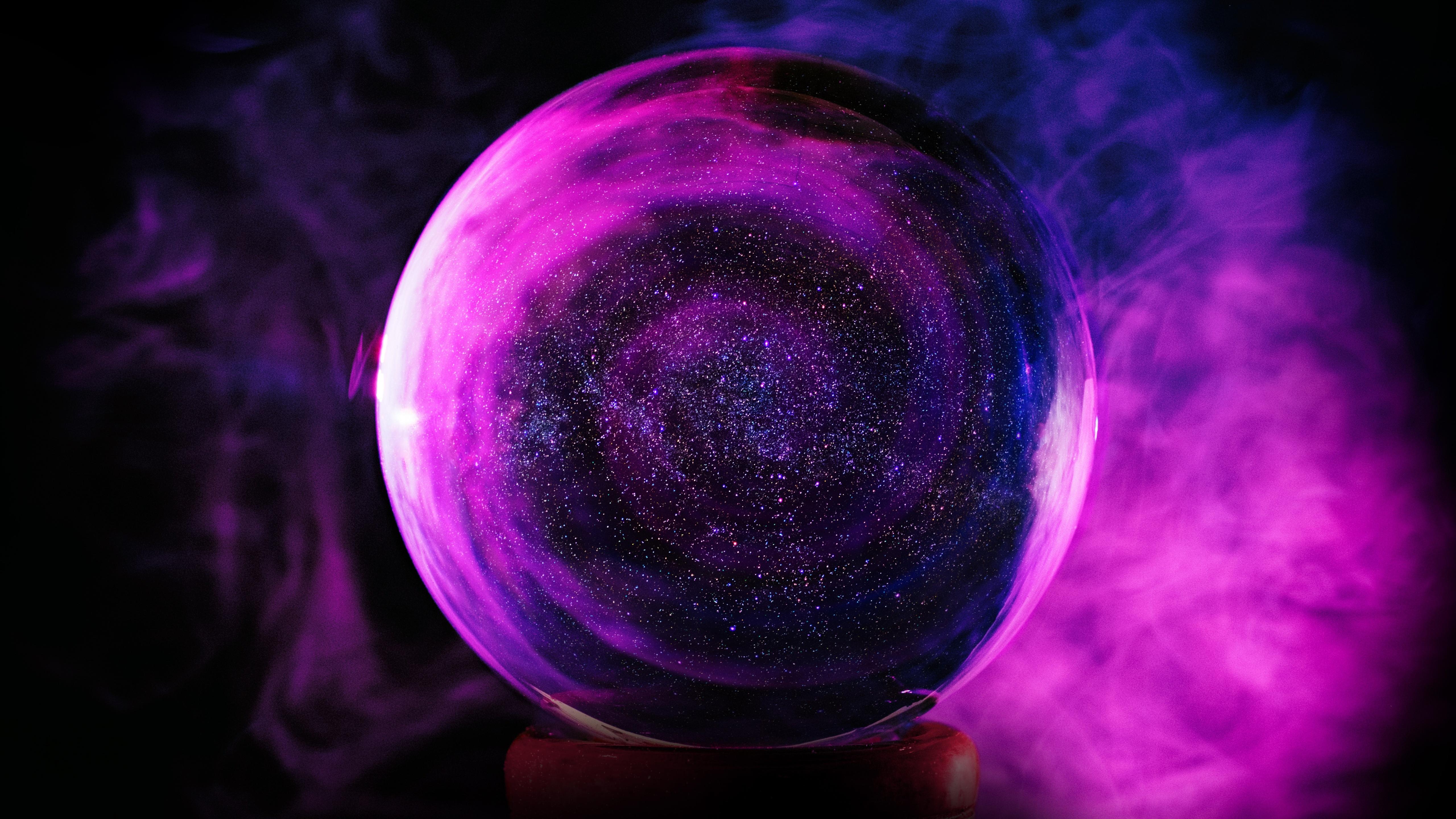 5120x2880 Crystal Ball Wallpaper 4K, Purple Smoke, Glass Ball, Black background, Abstract