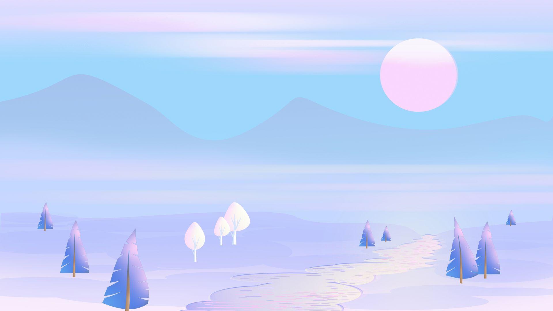 1920x1080 Desktop wallpaper winter, sunset, landscape, illustration, HD image, picture, background, 60ad05