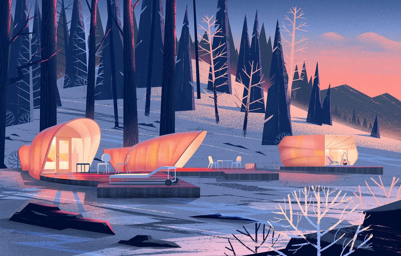 1332x850 Wallpaper winter, forest, shore, pond, Nomadic Homes Illustrations image for desktop, section рендеринг