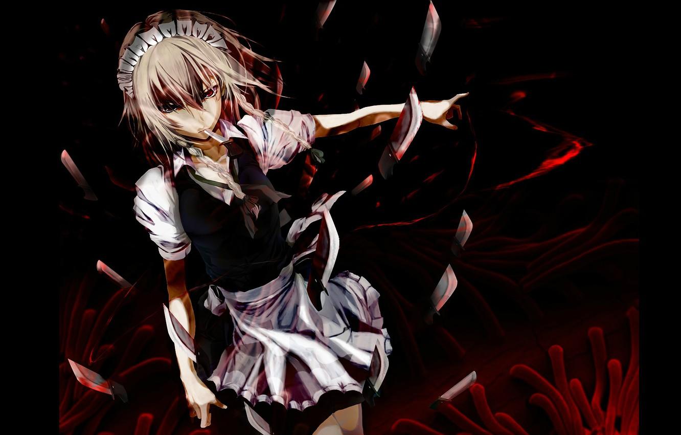 1332x850 Wallpaper darkness, blood, knives, killer, touhou, Sakuya Izayoi image for desktop, section прочее