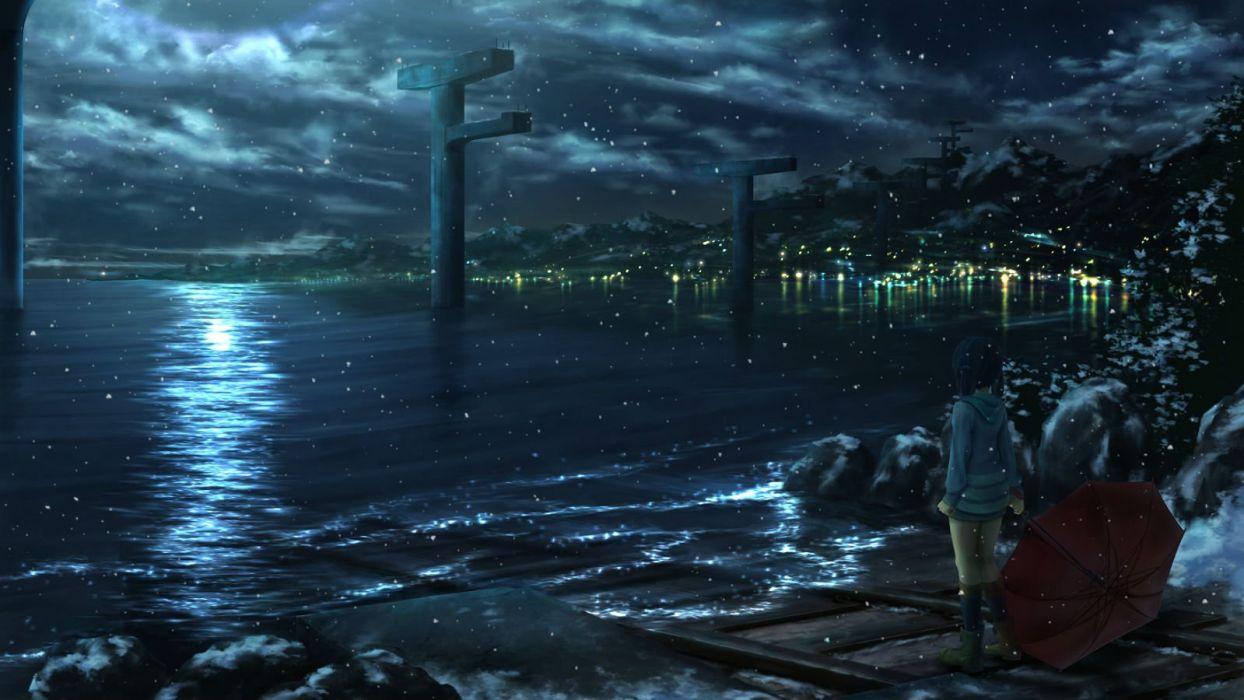 1244x700 Ichimiya (araintell) nagi no asukara night scenic shiodome miuna snow umbrella water wallpaperx900