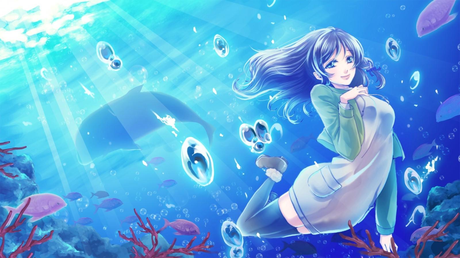 1600x900 illustration, sea, anime, anime girls, water, fish, blue, underwater, Nagi no Asukara, Chisaki Hiradaira, dolphin, biology, screenshot, computer wallpaper High quality walls