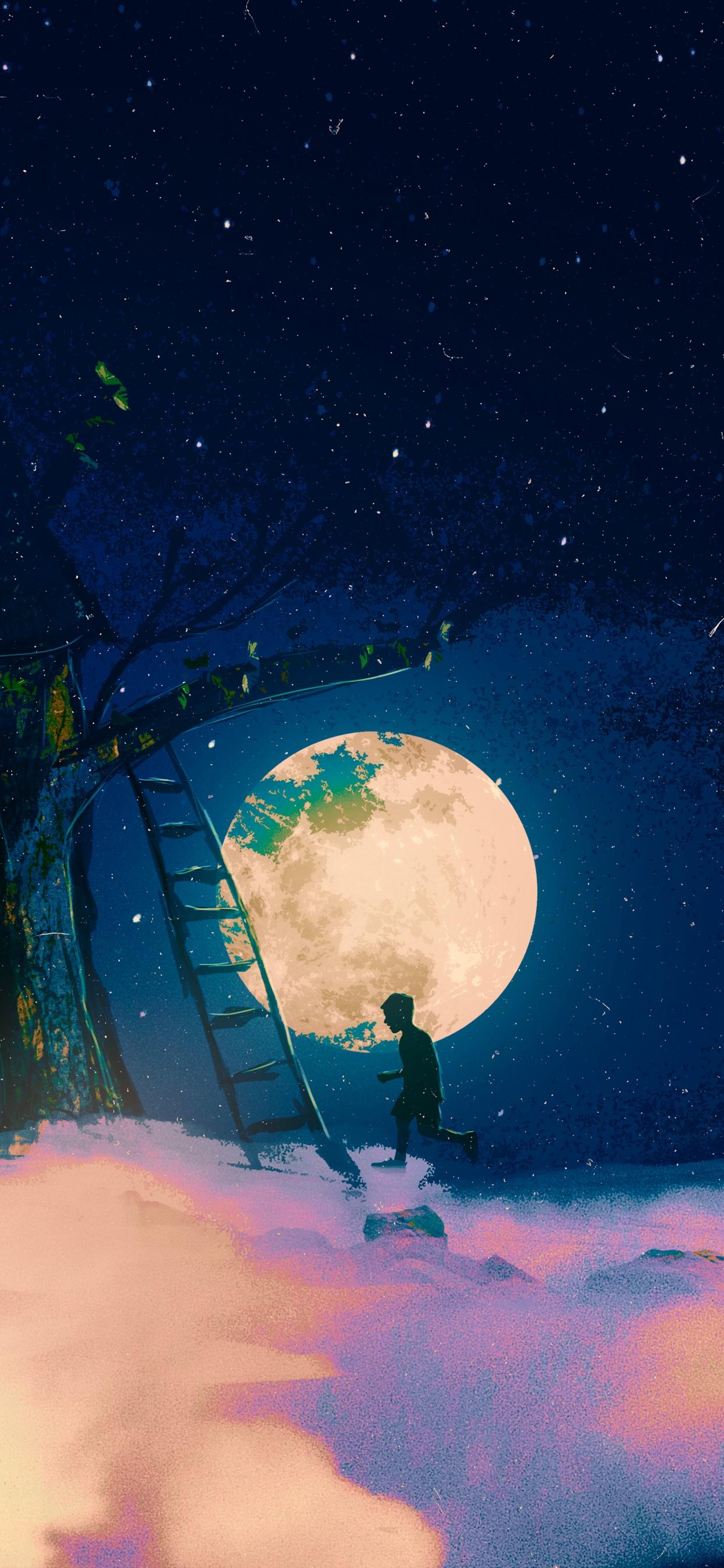 1242x2688 Tree house Wallpaper 4K, Dream, Moon, Night, Surreal, Fantasy