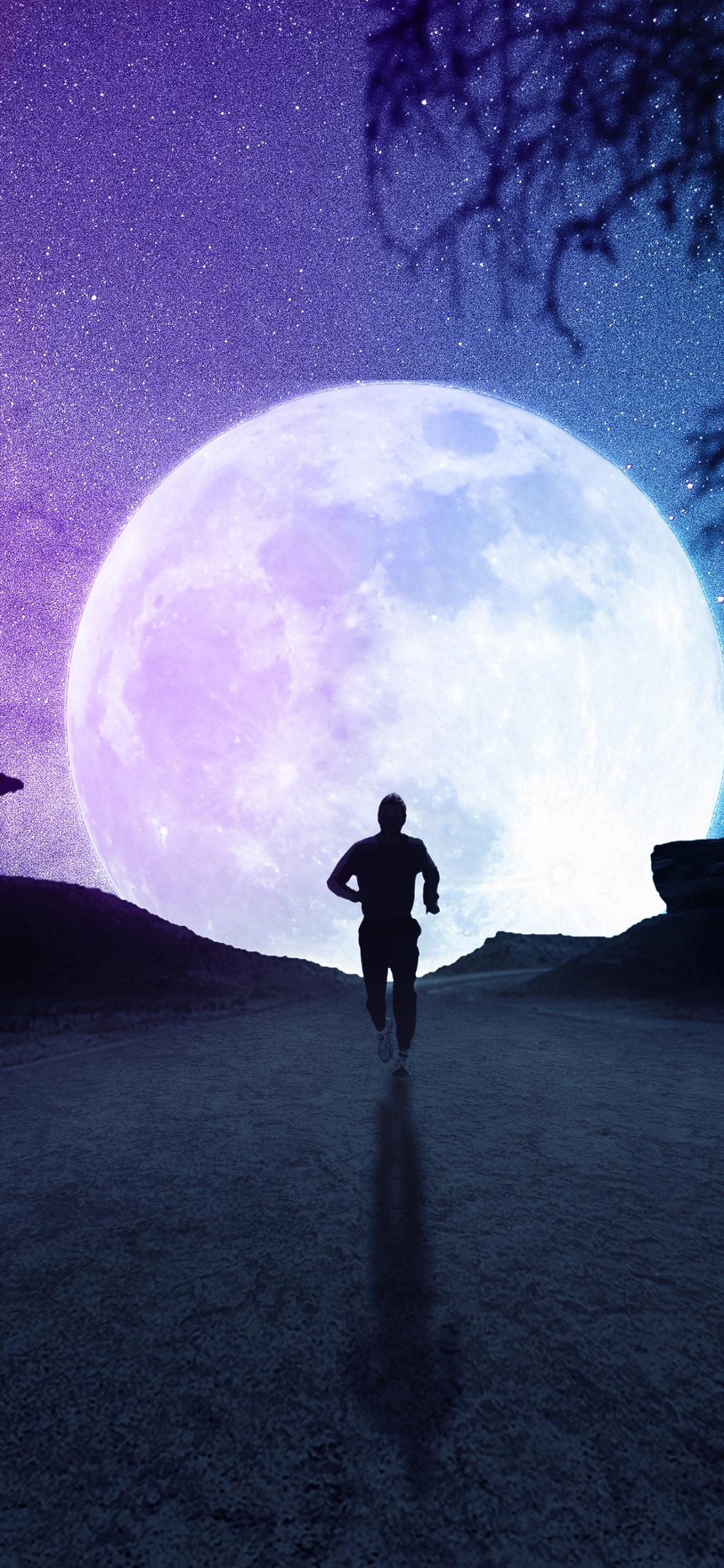 1125x2436 Full moon Wallpaper 4K, Silhouette, Running, Starry sky, Night, Road, Fantasy
