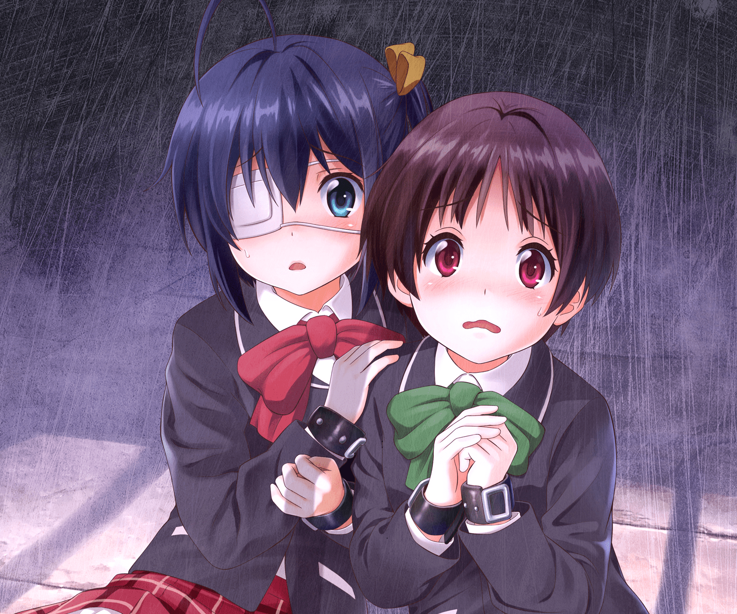 1500x1250 black hair blue eyes bondage bow brown hair chuunibyou demo koi ga shitai! misakamitoko0903 red eyes school uniform short hair skirt takanashi rikka tsuyuri kumin. konachan.com.com Anime Wallpaper