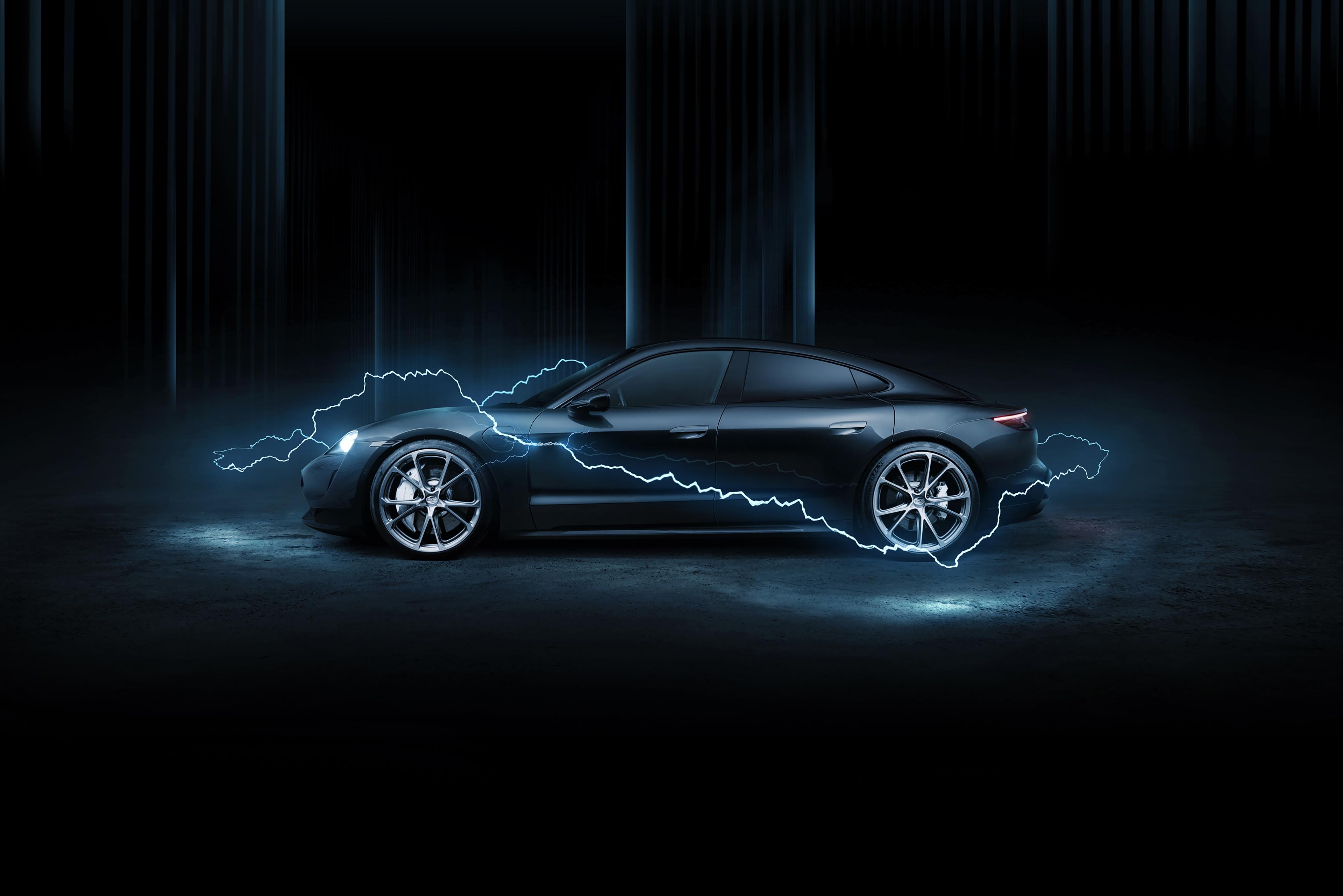 3840x2562 Porsche Taycan Turbo Wallpaper 4K, TechArt, Dark Background, AMOLED, Black Dark