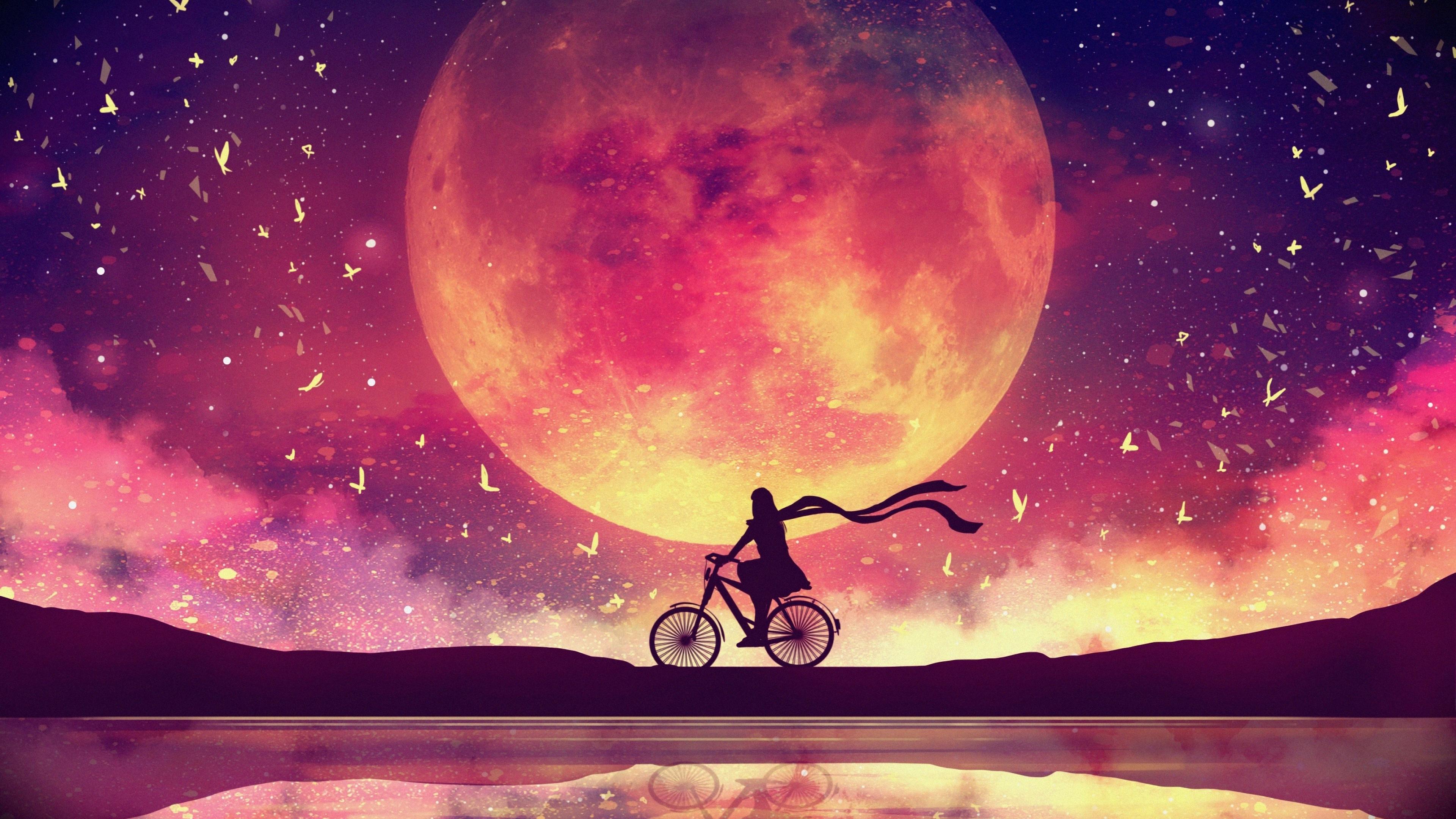 3840x2160 Moon Wallpaper 4K, Girl, Dream, Lake, Bicycle, Surreal, Evening, Fantasy