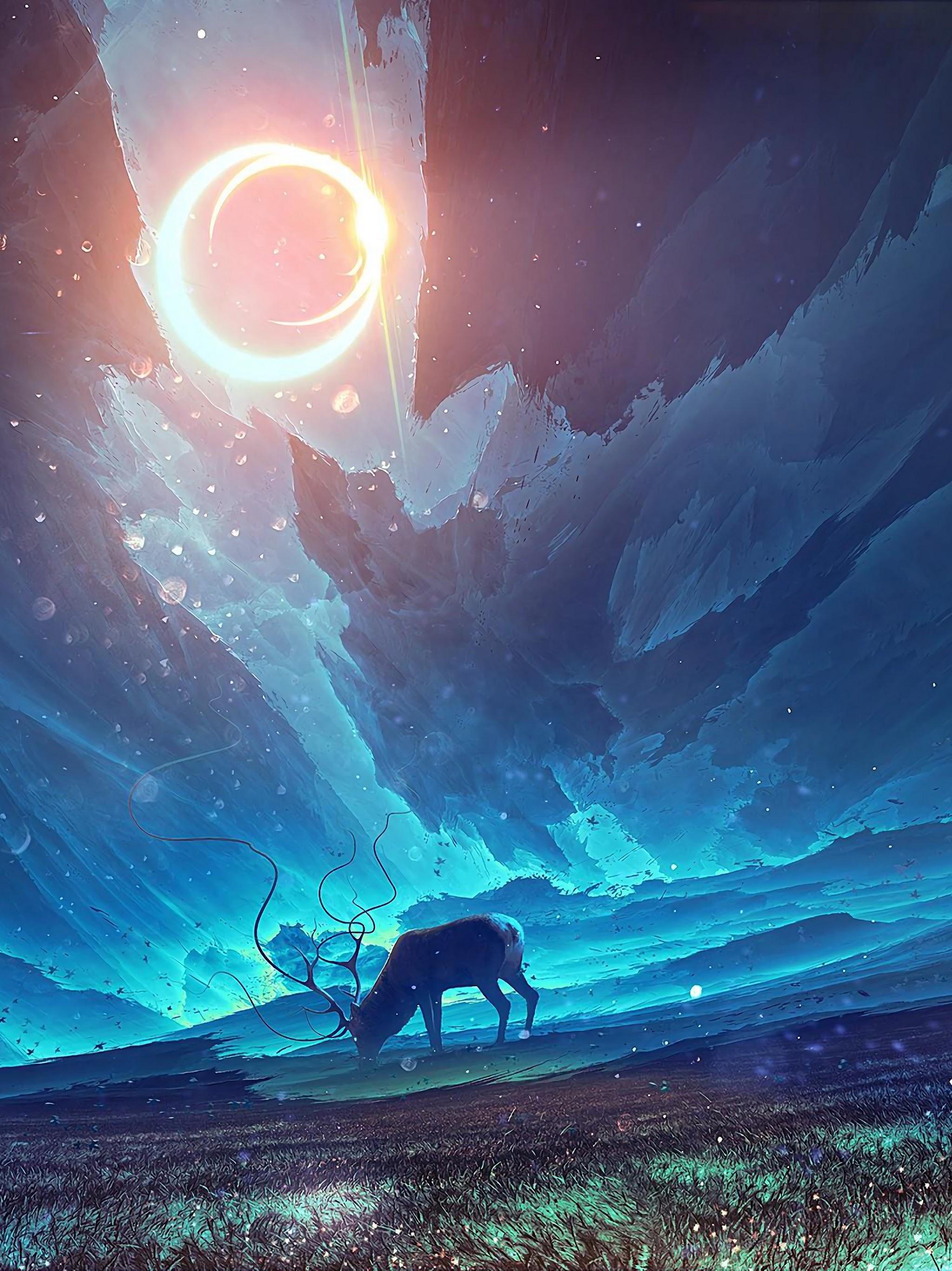 2048x2732 Fantasy Moon Scenery Deer 4K Wallpaper