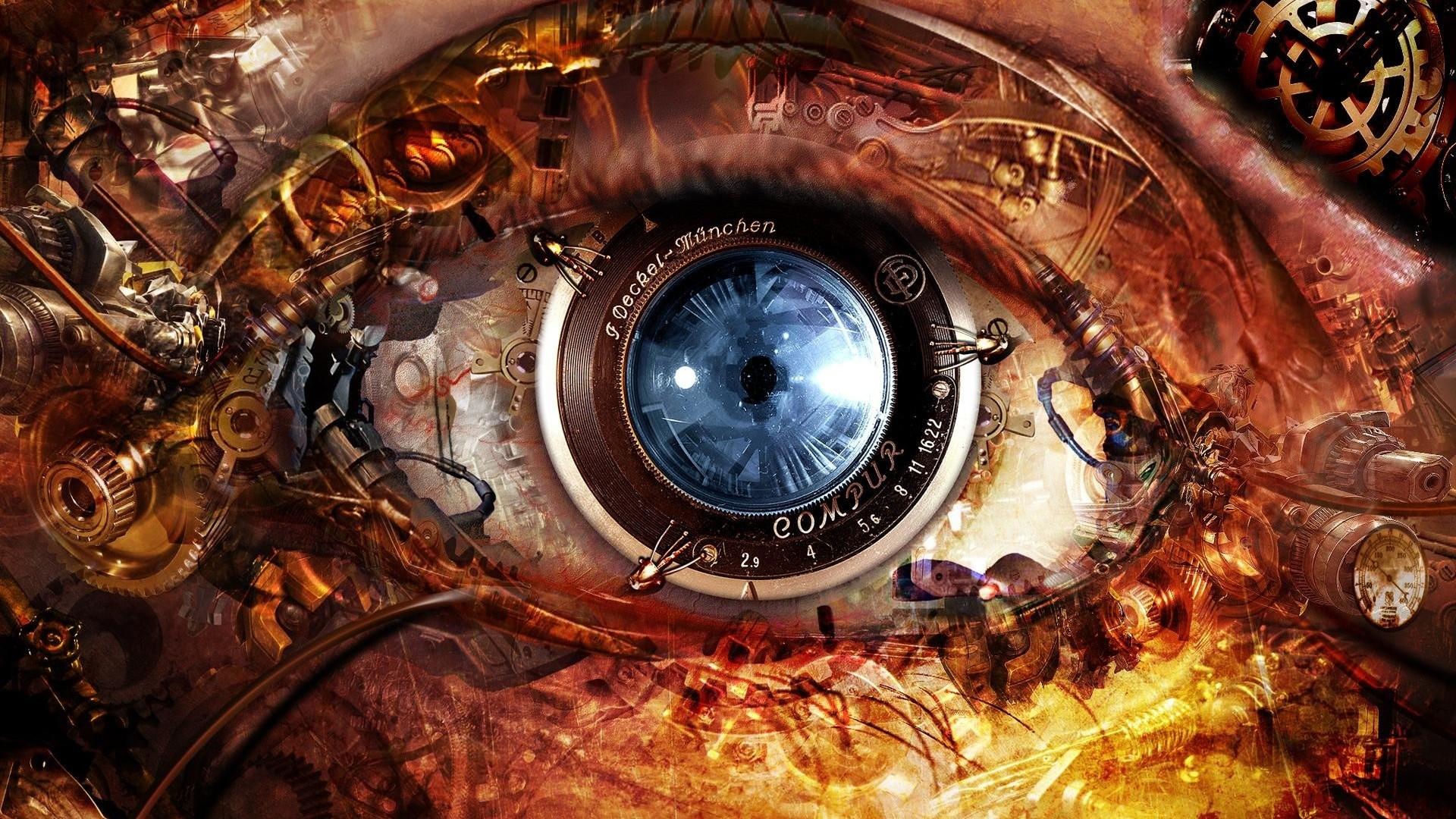 1920x1080 abstract, Eyes, Futuristic, Steampunk, Clocks, Gears, Lens, Cameras, Cyberpunk, Optics, Time, Mechanism Wallpaper HD / Desktop and Mobile Background