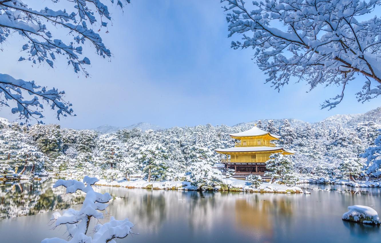 1332x850 Wallpaper Winter, Snow, Trees, Pond, Park, Japan, Temple, Japan, Kyoto, Kyoto, Golden Pavilion, Golden Pavilion, Kinkaku Ji, Lake Kakoti, Mirror Pond, Lake View Mirror Image For Desktop, Section пейзажи