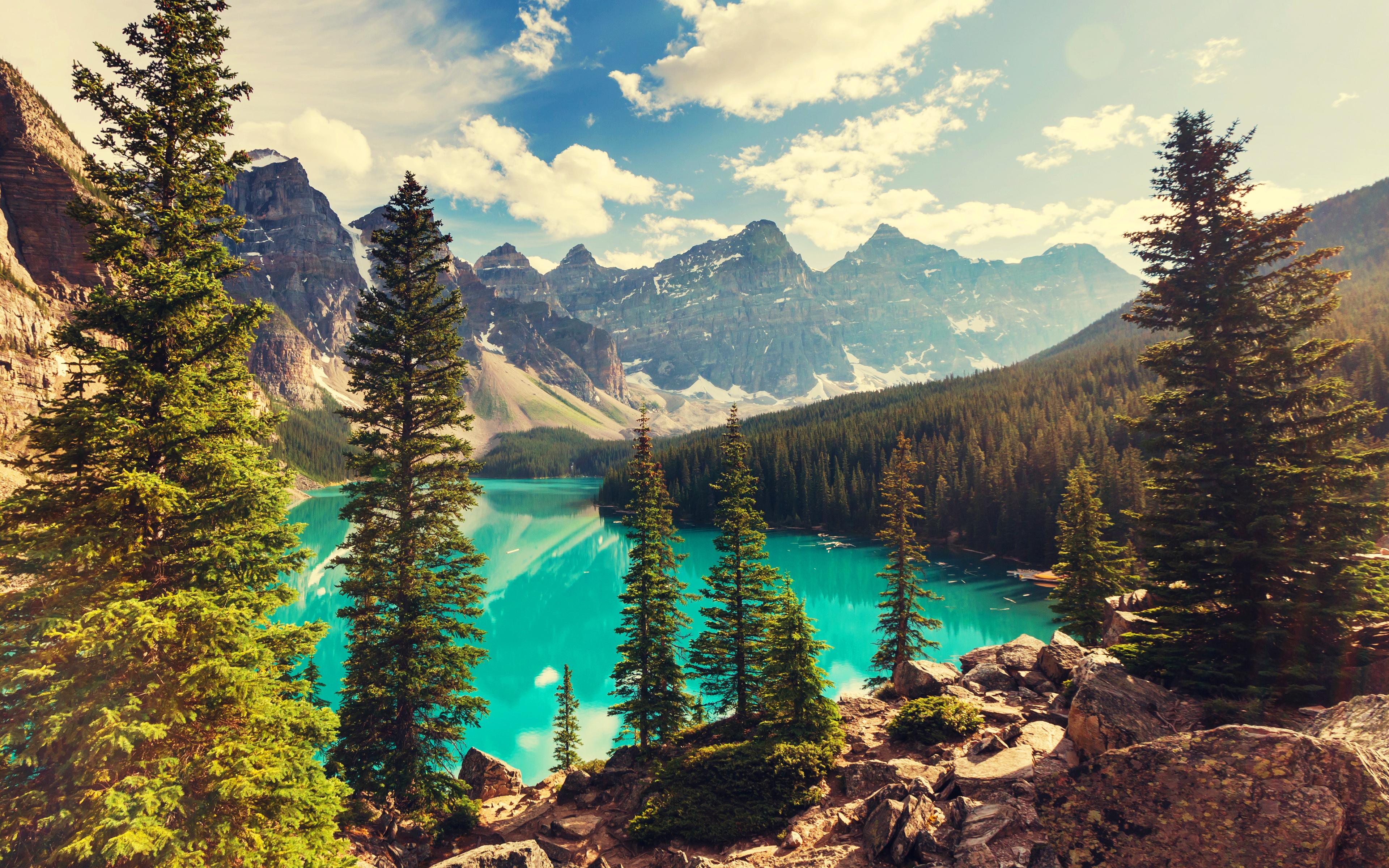 3840x2400 Download wallpaper 4k, Moraine Lake, summer, Banff National Park, forest, North America, mountains, Canada for desktop with resolution 3840x2400. High Quality HD picture wallpaper