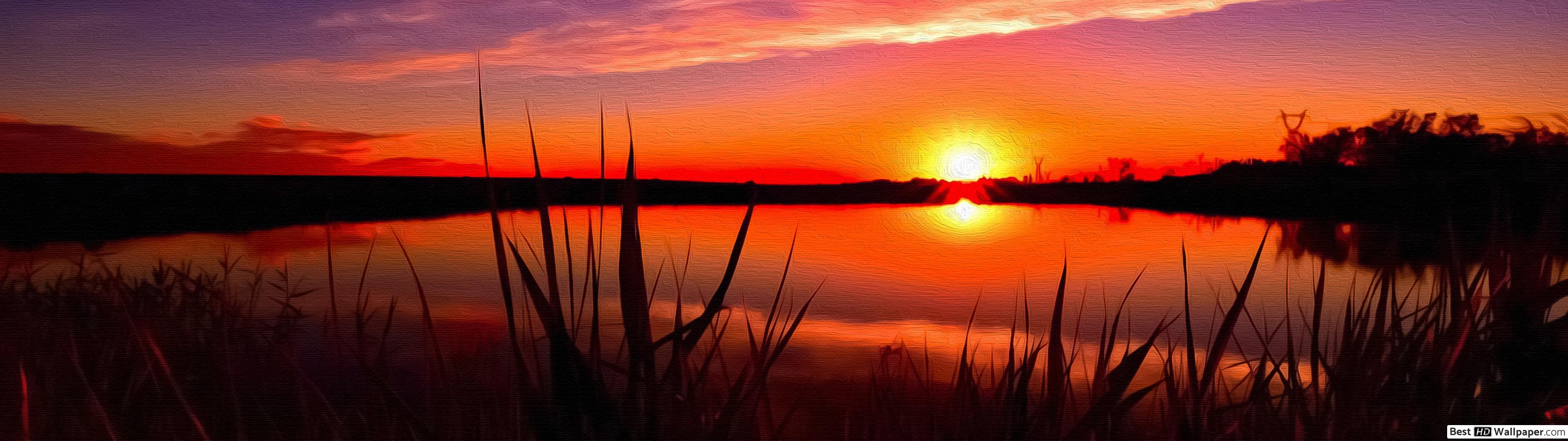 3840x1080 Sunset reflection HD wallpaper download