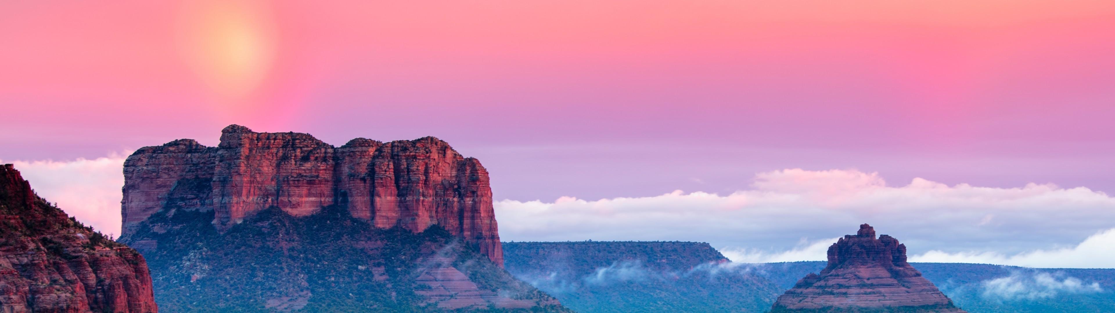 3840x1080 Download 3840x1080 Pink Sky, Sunset, Rocks, Clouds Wallpaper