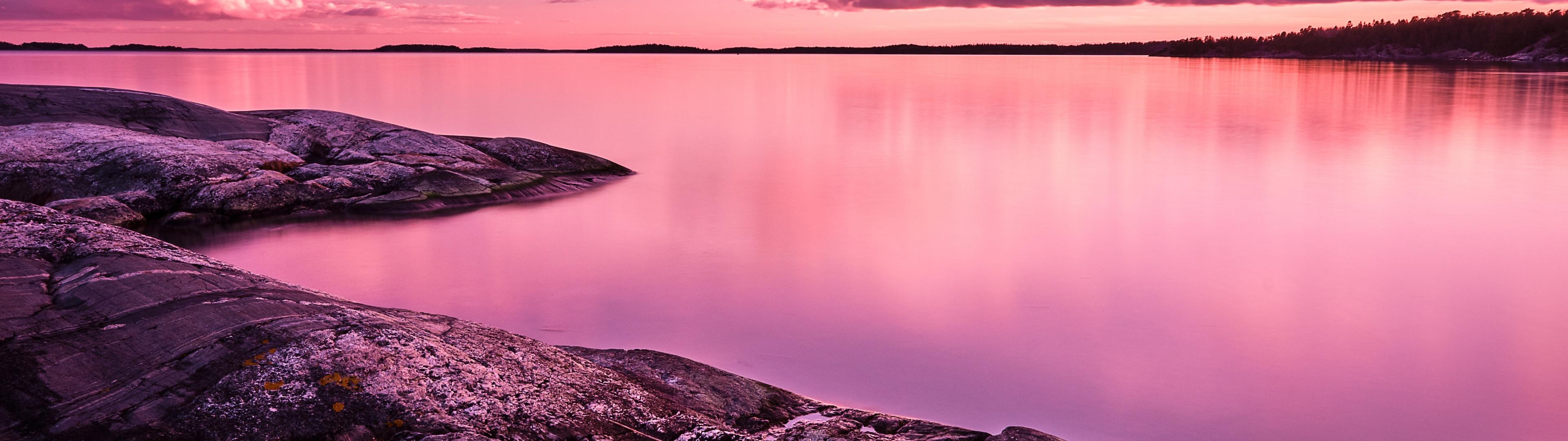 3840x1080 Sunset Wallpaper 4K, Scenery, Lake, Rocks, Pink sky, 8K, Nature