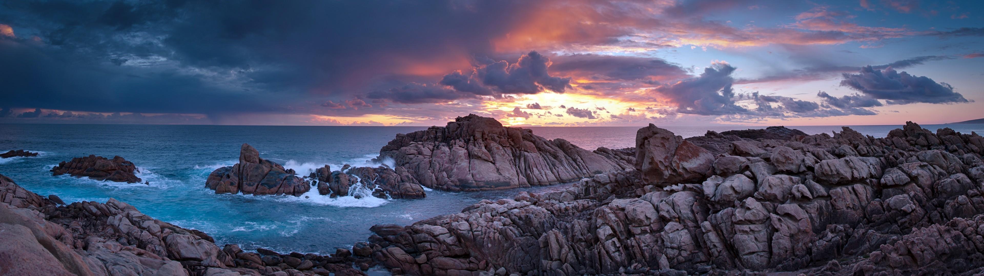 3840x1080 Download 3840x1080 Ocean, Rocks, Sunset Wallpaper