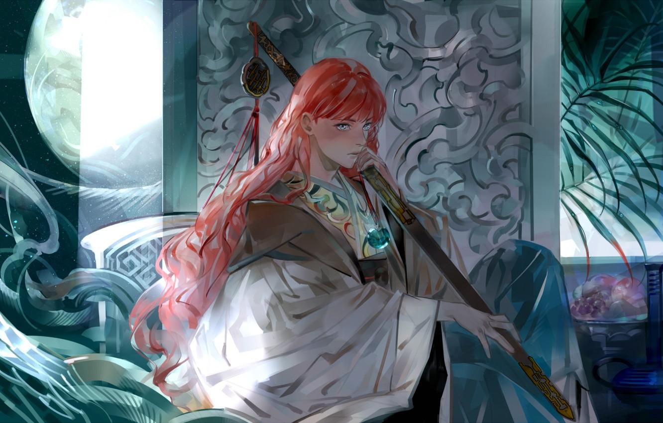 1332x850 Wallpaper girl, the moon, plant, a month, art, Anime, fruit, red hair, Anime, Queen, 12 kingdoms, Youko Nakajima, Juuni Kokuk My, The Twelve Kingdoms, Sekishi image for desktop, section прочее