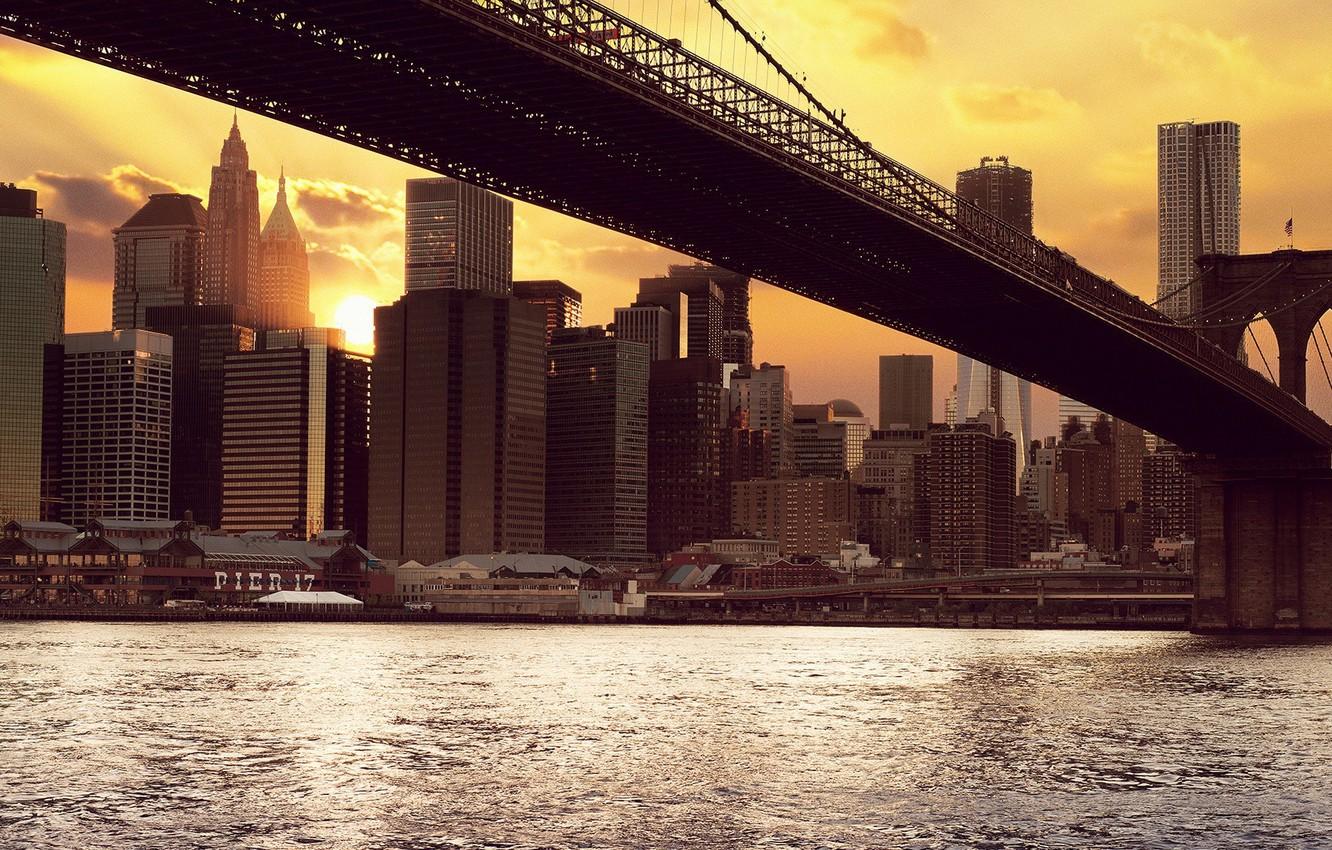 1332x850 Wallpaper the sun, sunset, building, new York, new york, Brooklyn bridge, brooklyn bridge image for desktop, section город