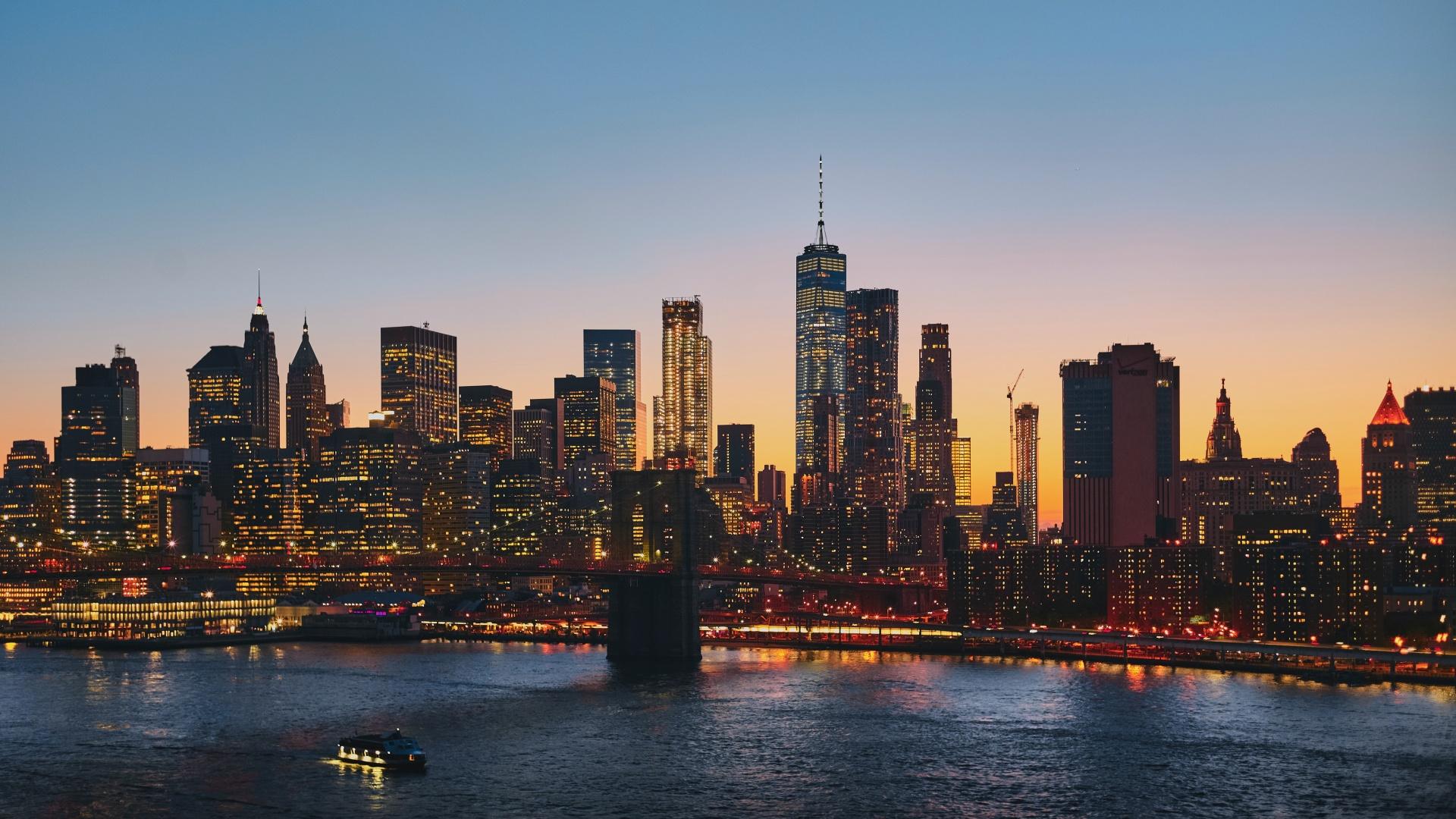 1920x1080 Manhattan Wallpaper 4K, New York City, Bridge, Cityscape, Sunset, Urban, World