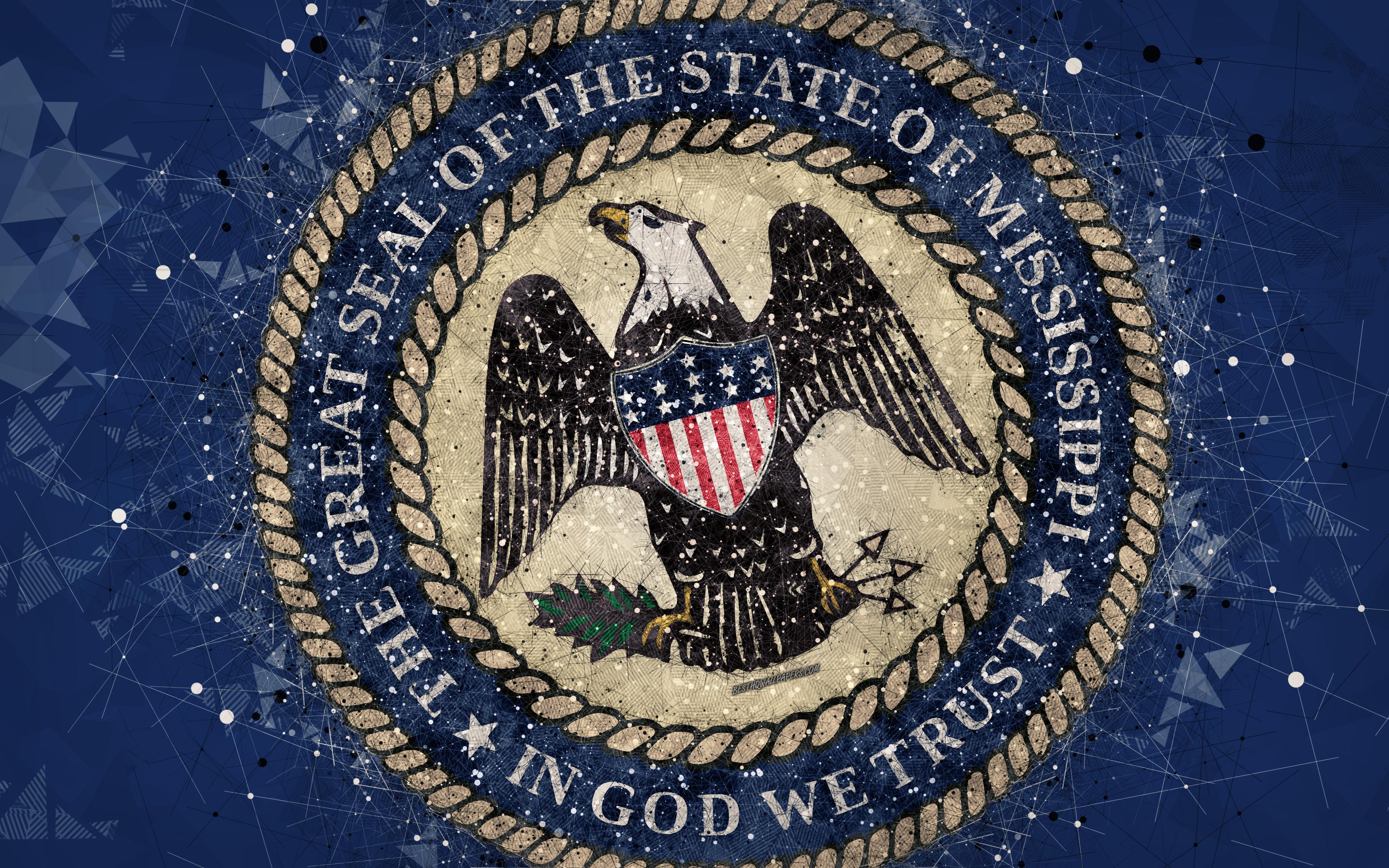 3840x2400 Download wallpaper Seal of Mississippi, 4k, emblem, geometric art, Mississippi State Seal, American states, blue background, creative art, Mississippi, USA, state symbols USA for desktop with resolution 3840x2400. High Quality HD picture