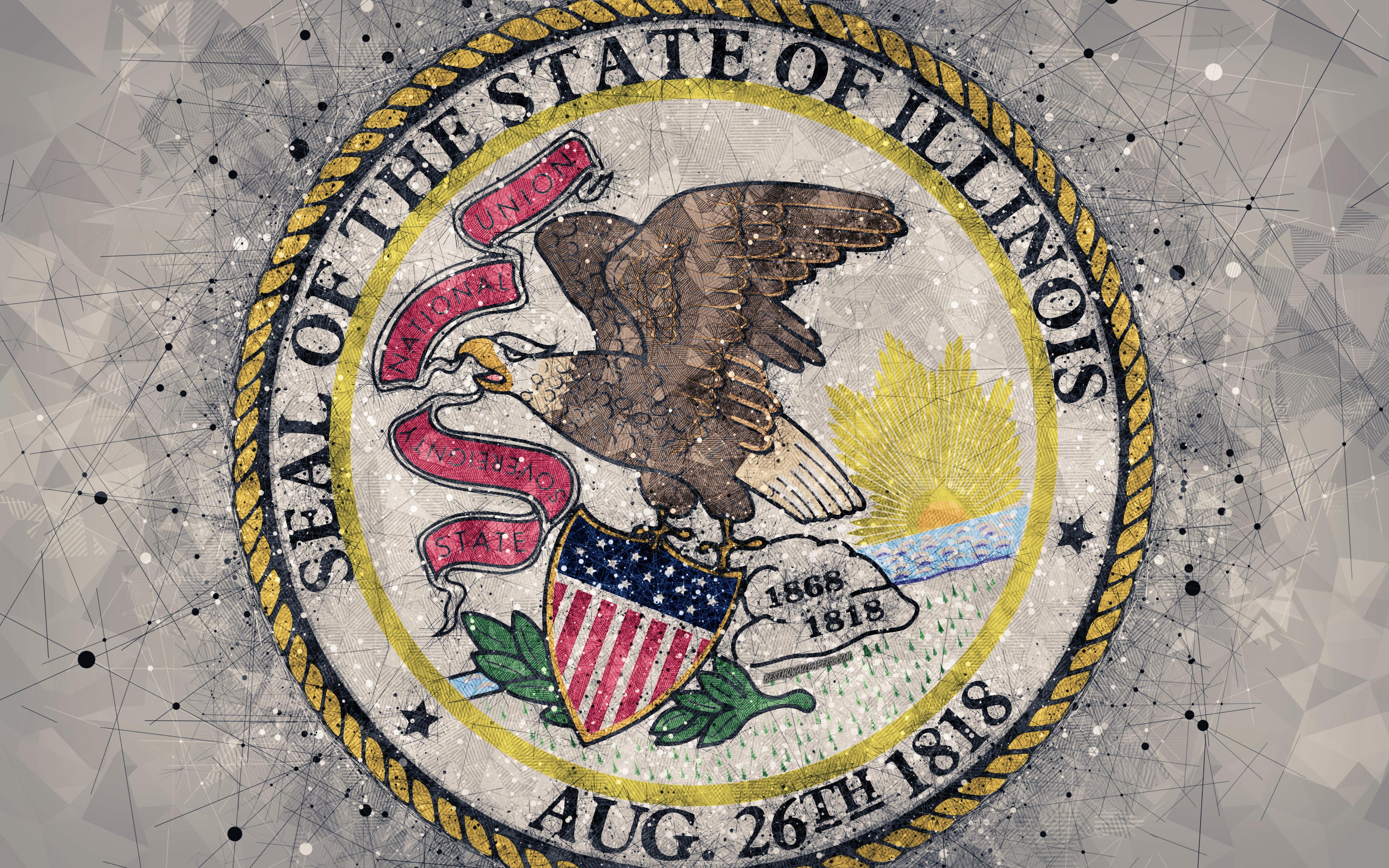 3840x2400 Download wallpaper Seal of Illinois, 4k, emblem, geometric art, Illinois State Seal, American states, creative art, Illinois, USA, state symbols USA for desktop with resolution 3840x2400. High Quality HD picture wallpaper