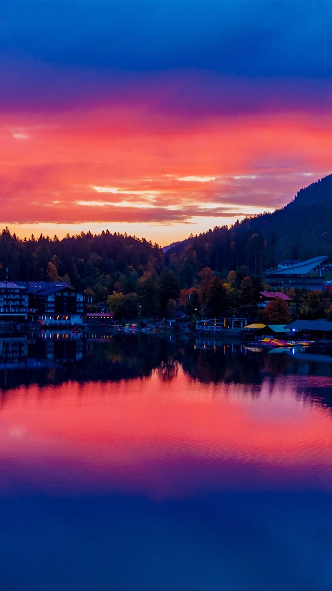 1080x1920 Wallpaper Germany, Bavaria, lake, buildings, city, sunset 3840x2160 UHD 4K Picture, Image