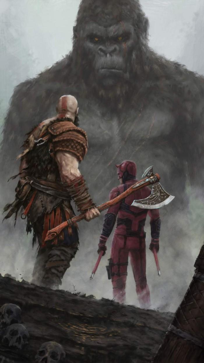 700x1244 Kratos And Dare Devil Vs King Kong IPhone Wallpaper