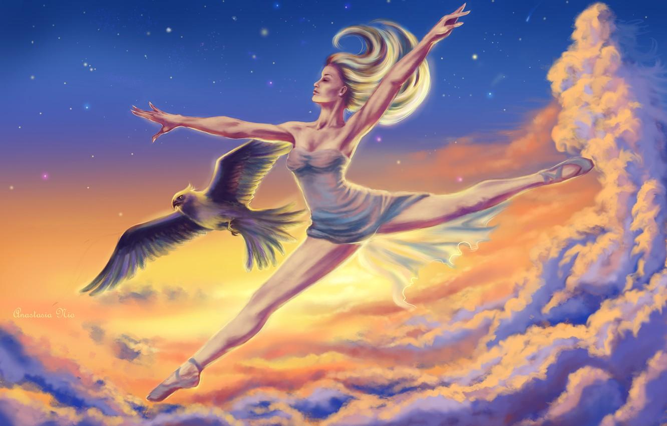 1332x850 Wallpaper the sky, girl, clouds, bird, hair, art, profile, ballerina image for desktop, section живопись