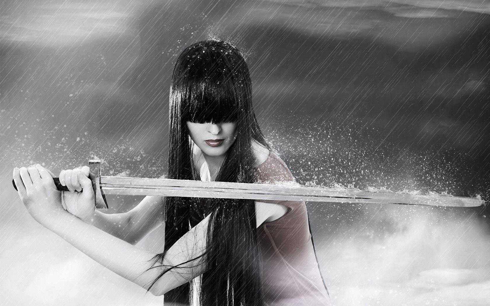 1680x1050 Black And White Swords Women Wallpaper
