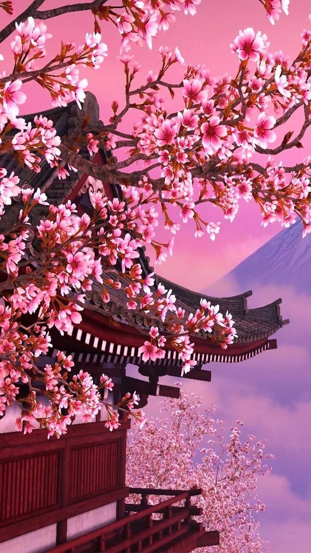 Japanese Castle Cherry Blossom Mountain Art 4K Wallpaper iPhone HD Phone  #7021k