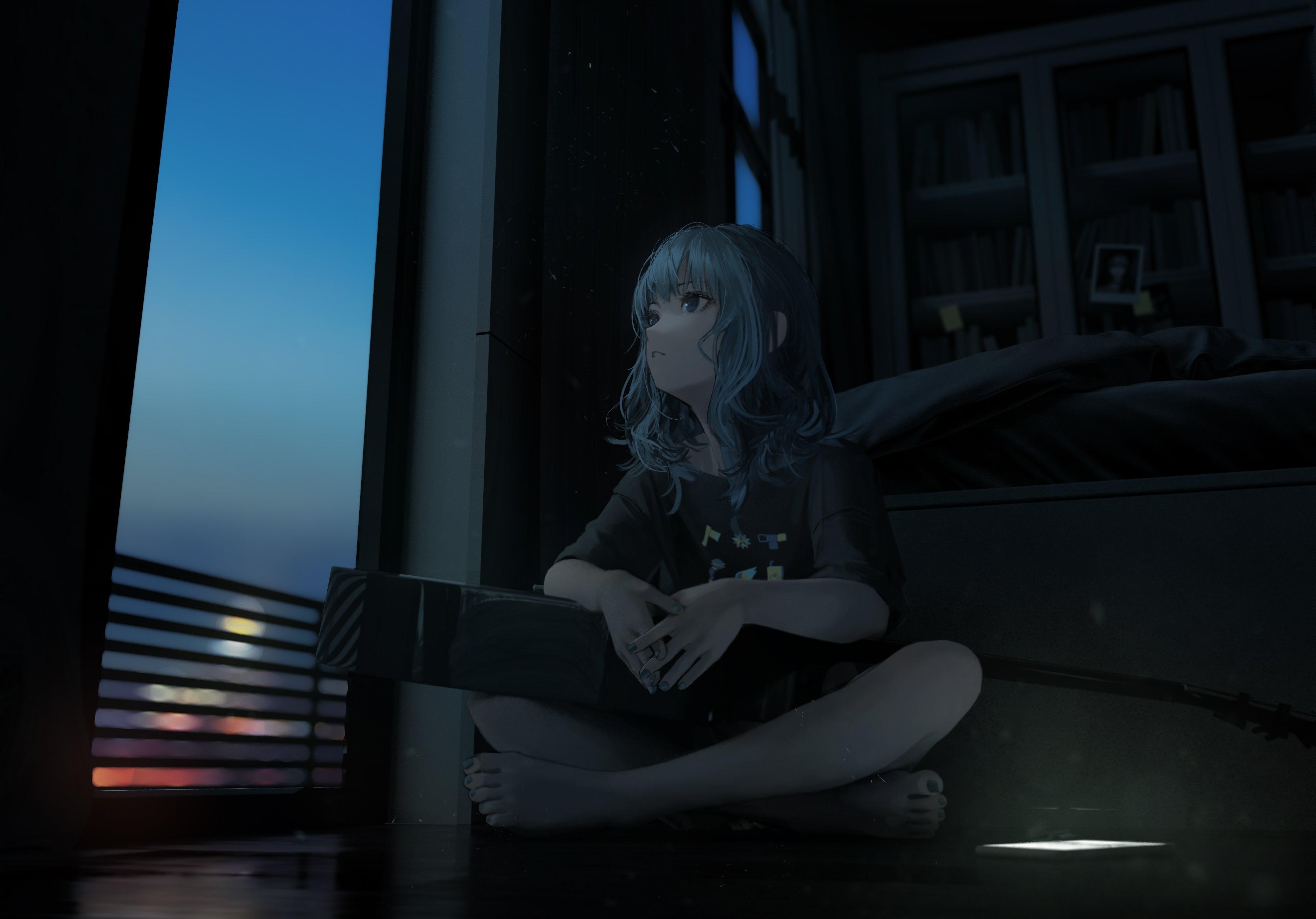 4000x2792 Anime Girls Night Room Window Laxy Hololive Hoshimachi Suisei Wallpaper:4000x2792