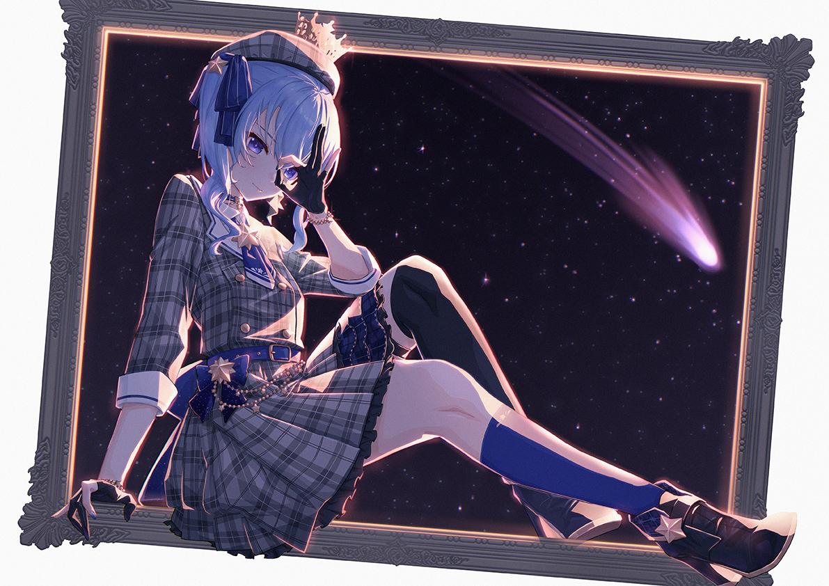 1191x842 blue eyes blue hair crown garter belt gloves hat hololive hoshimachi suisei jacky kneehighs skirt stars twintails. konachan.com.com Anime Wallpaper