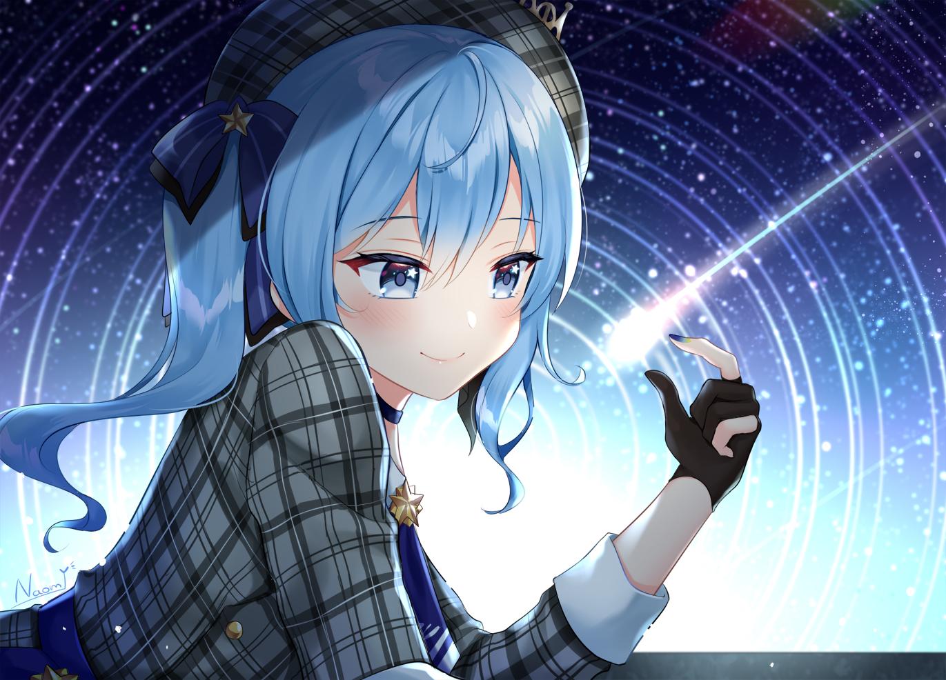 1371x986 blue eyes blue hair bow choker dress gloves hat hololive hoshimachi suisei long hair naomi (fantasia) ponytail signed stars. konachan.com.com Anime Wallpaper