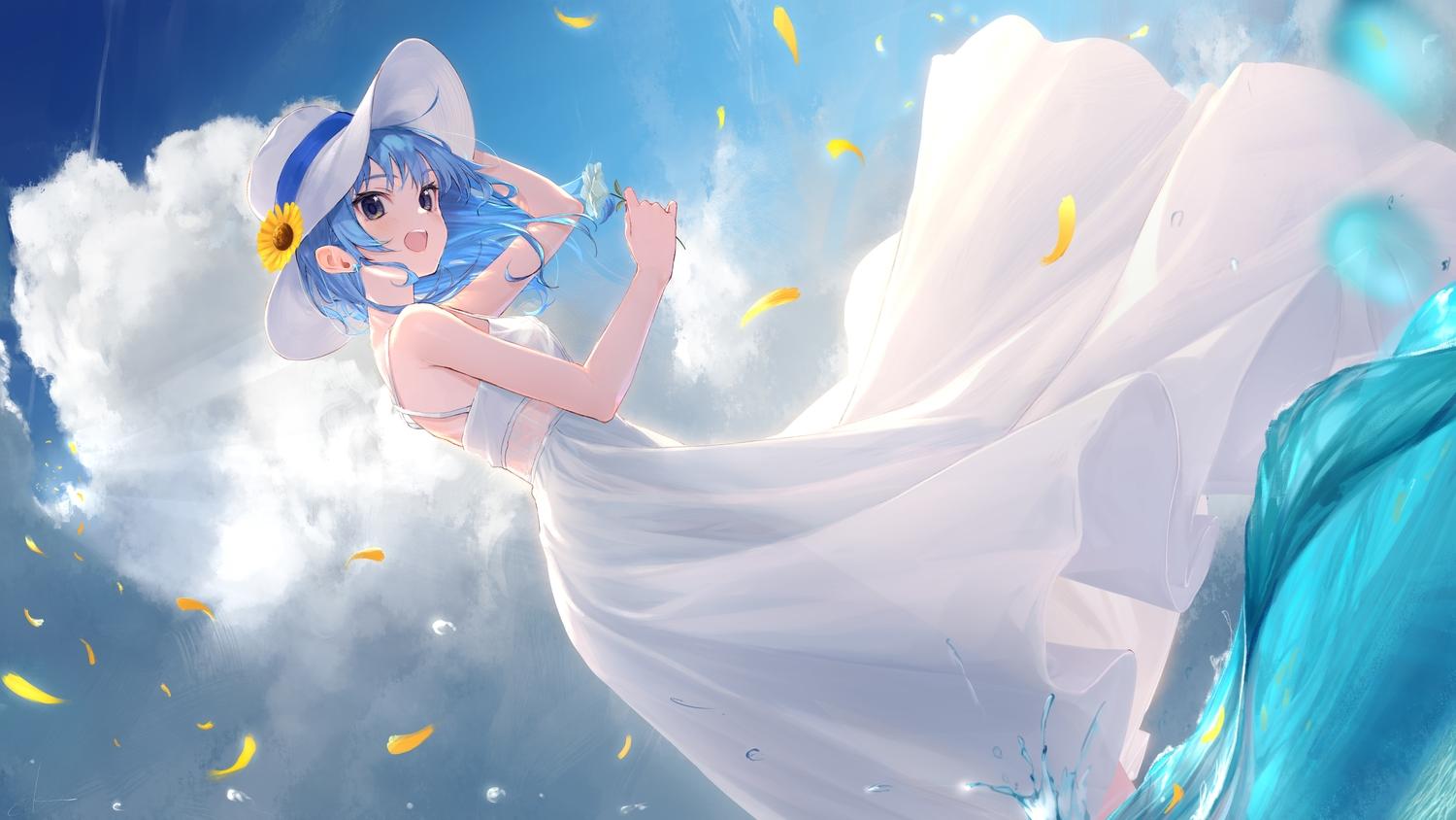 1500x844 black eyes blue hair blush clouds dress flowers hat hololive hoshimachi suisei long hair sky summer dress takubon water. konachan.com.com Anime Wallpaper