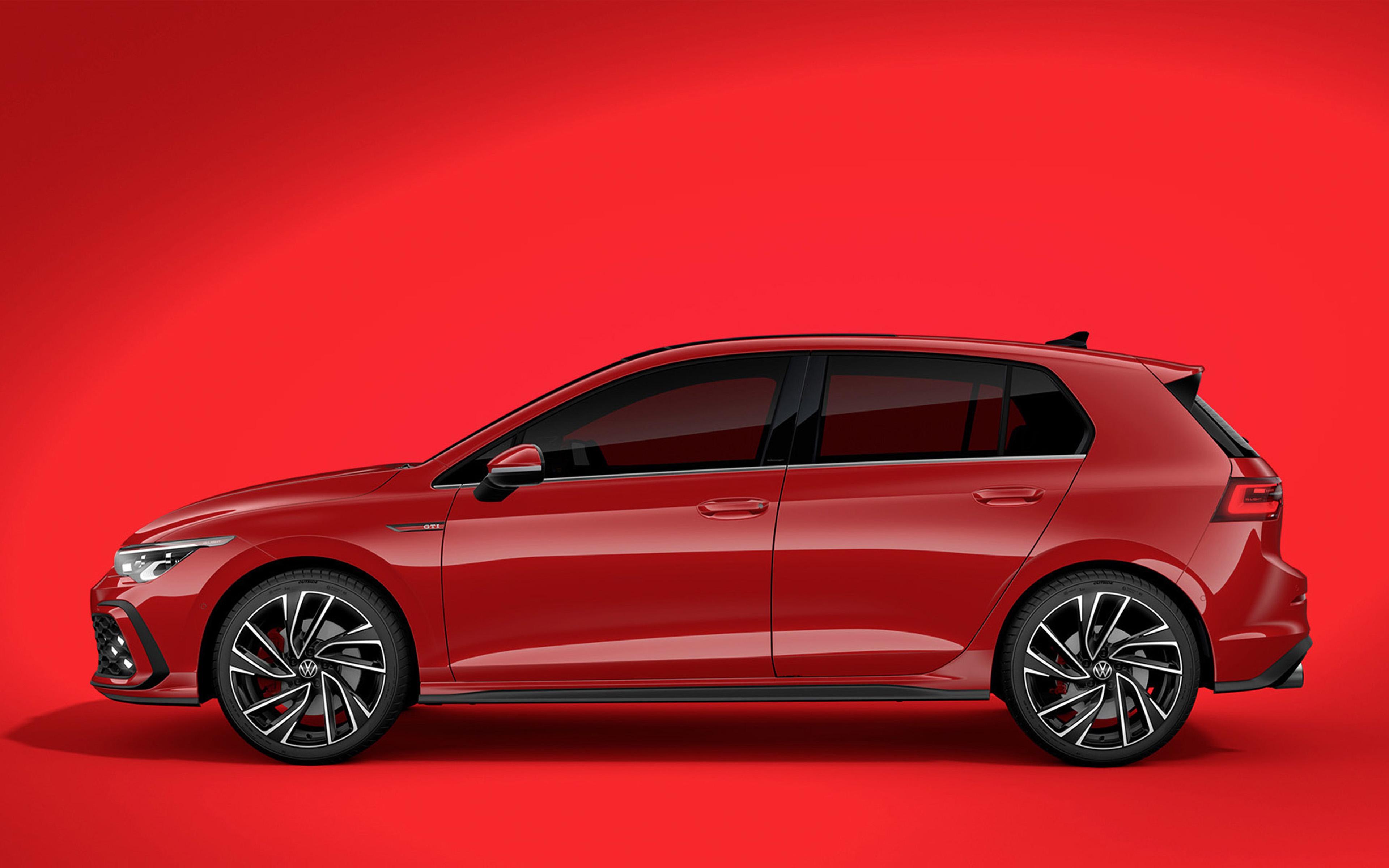3840x2400 Download wallpaper Volkswagen Golf 8 GTI, exterior, side view, red hatchback, new red Golf, german cars, VW Golf Volkswagen for desktop with resolution 3840x2400. High Quality HD picture wallpaper