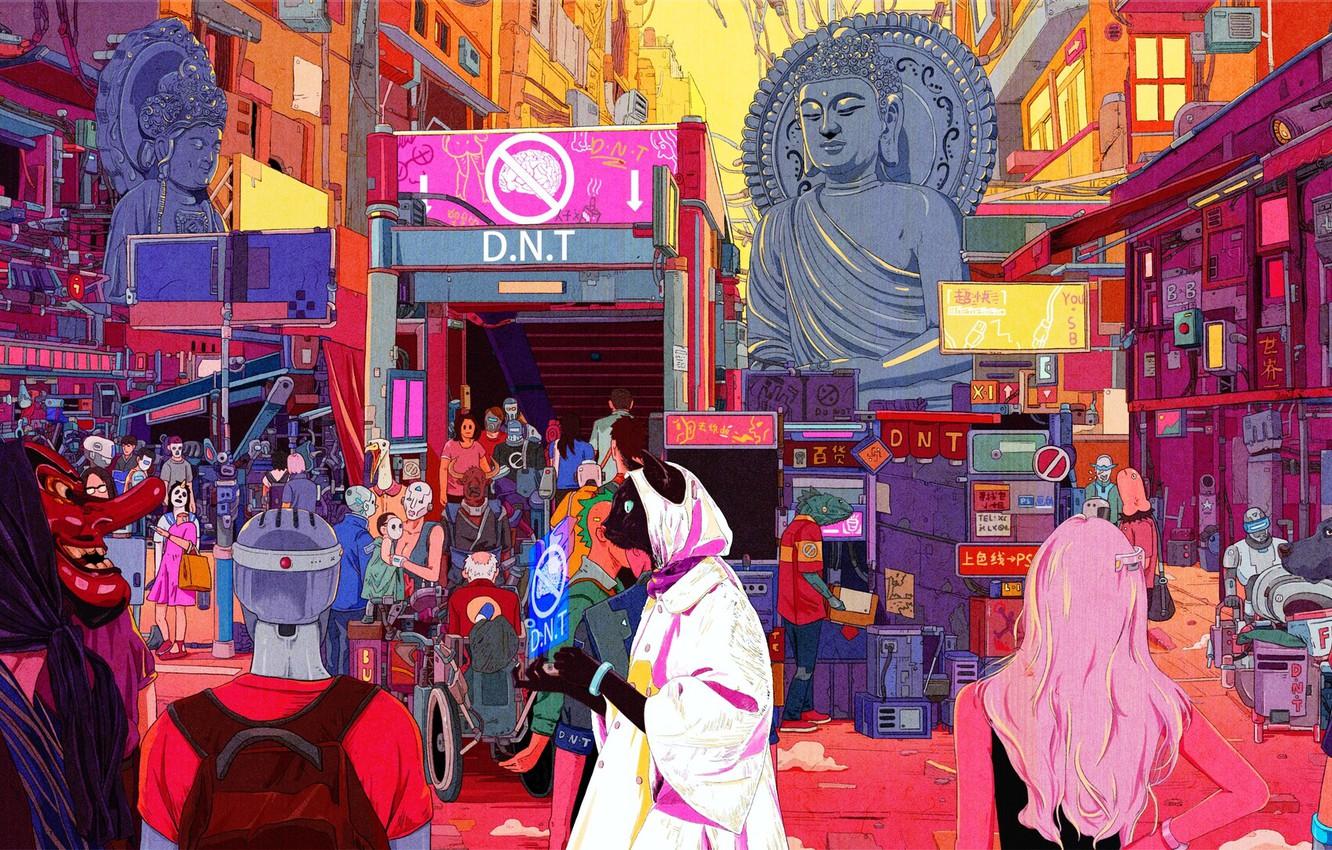 1332x850 Wallpaper Dog, The city, Cat, Neon, Robots, People, Style, City, Fantasy, Dog, Art, Art, Robots, Buddha, Style, Fiction image for desktop, section арт