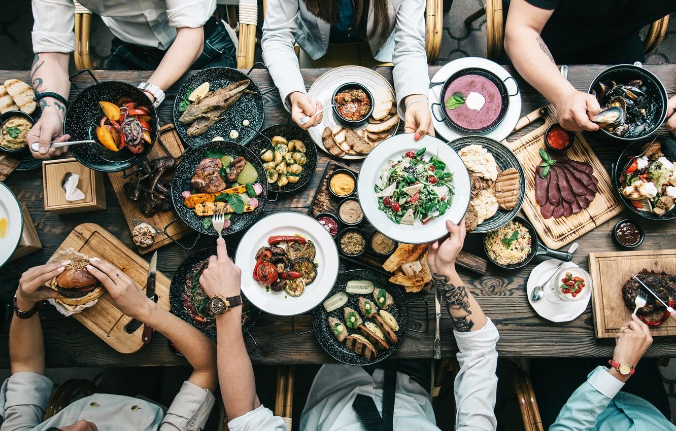 1332x850 Wallpaper friends, table, banquet, dishes, top view, variety of food image for desktop, section еда