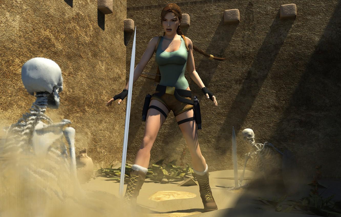 1332x850 Wallpaper sword, skeleton, Tomb Raider, sword, art, Lara Croft, fan image for desktop, section игры